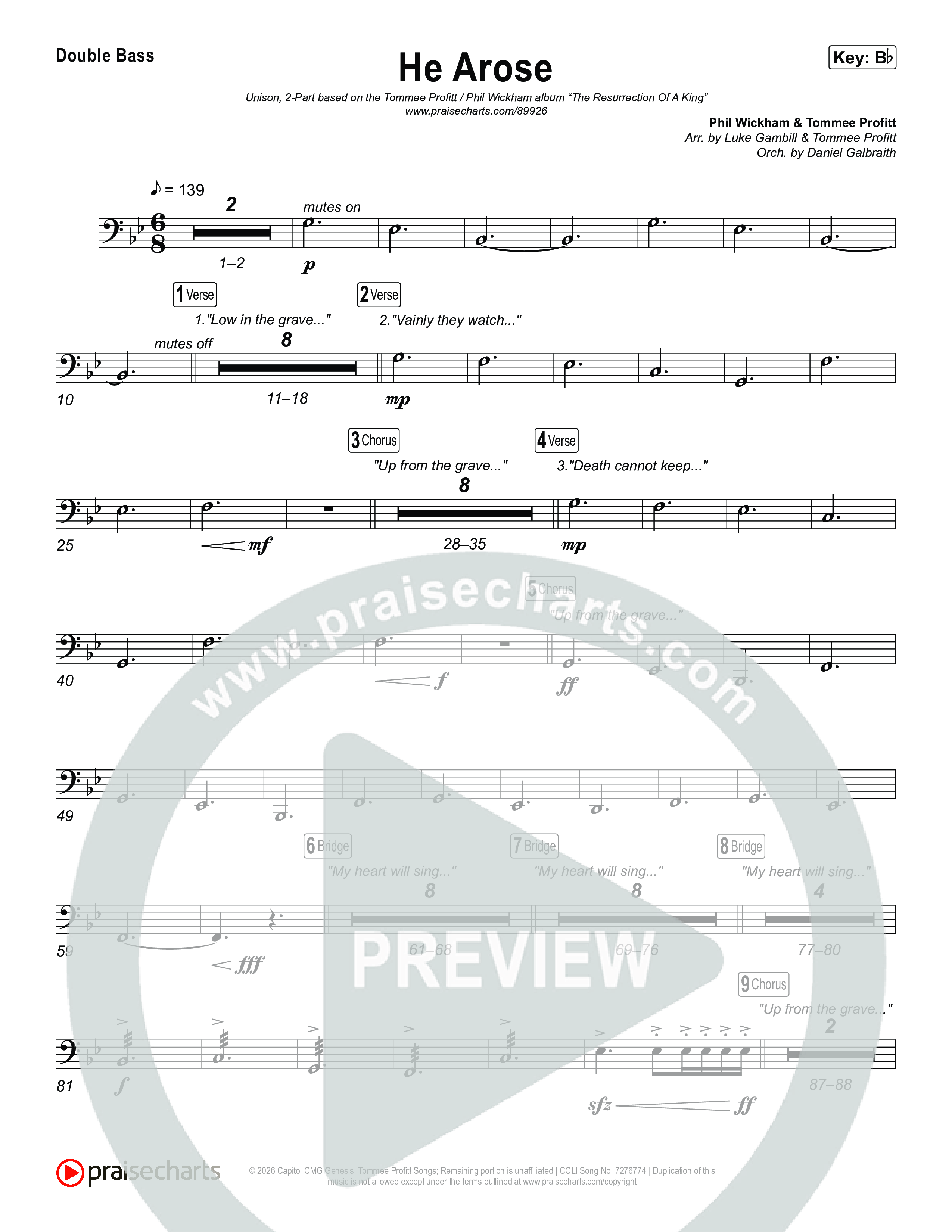 He Arose (Unison/2-Part) Double Bass (Tommee Profitt / Phil Wickham / Arr. Luke Gambill)