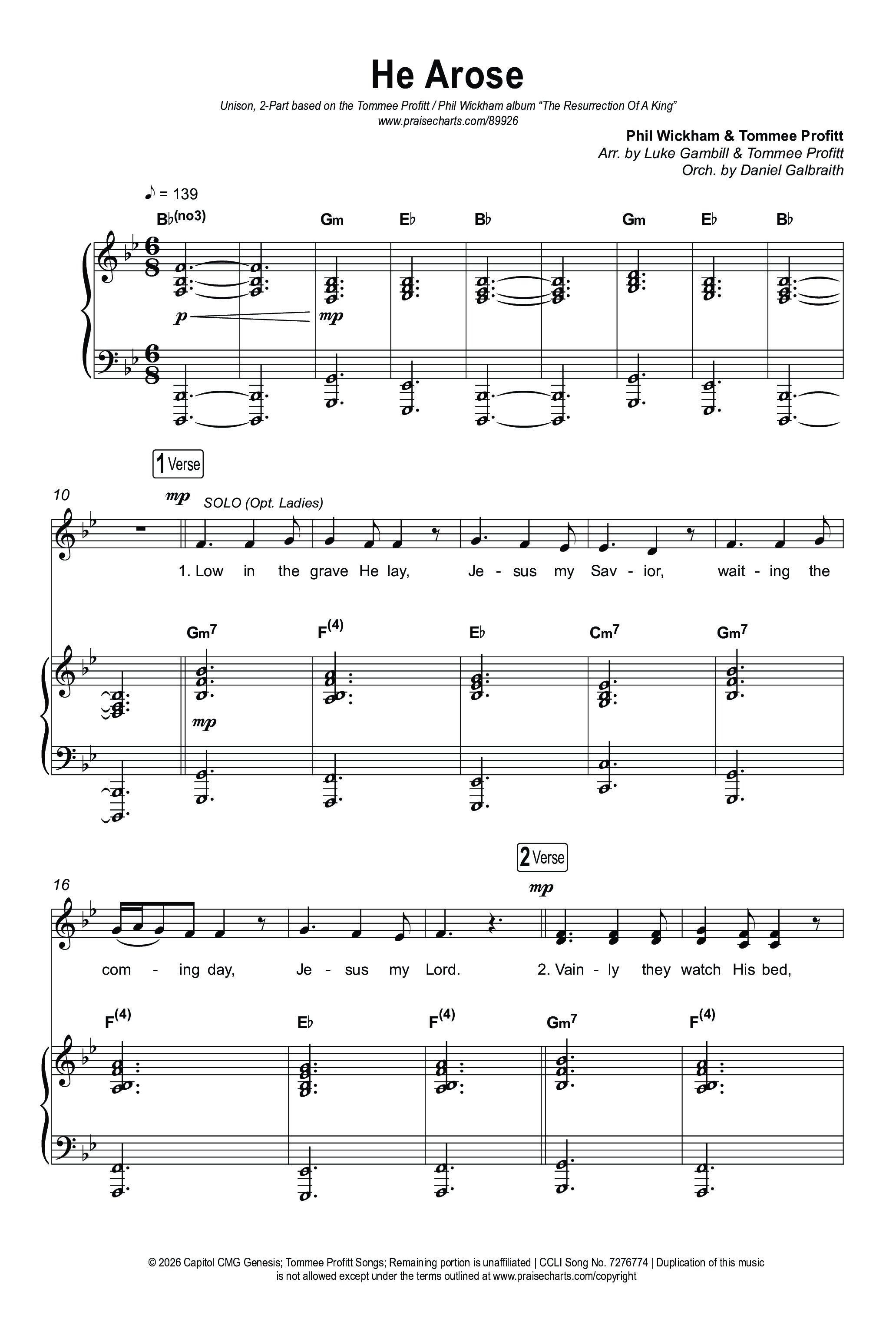 He Arose (Unison/2-Part) Octavo (Uni/2-Part & Pno) (Tommee Profitt / Phil Wickham / Arr. Luke Gambill)