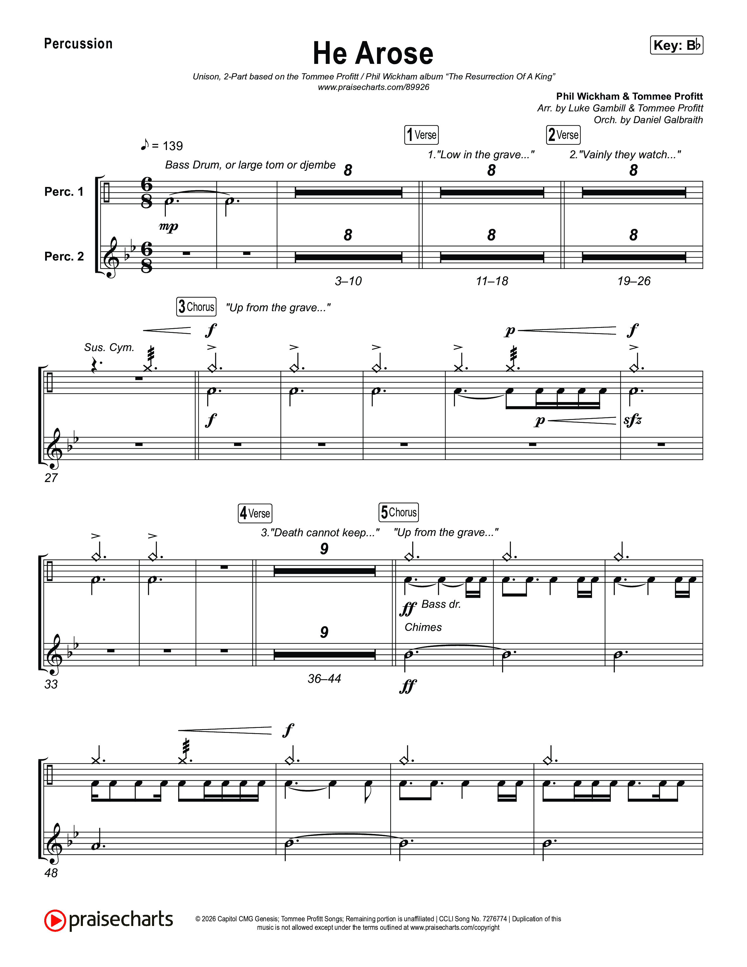He Arose (Unison/2-Part) Percussion (Tommee Profitt / Phil Wickham / Arr. Luke Gambill)