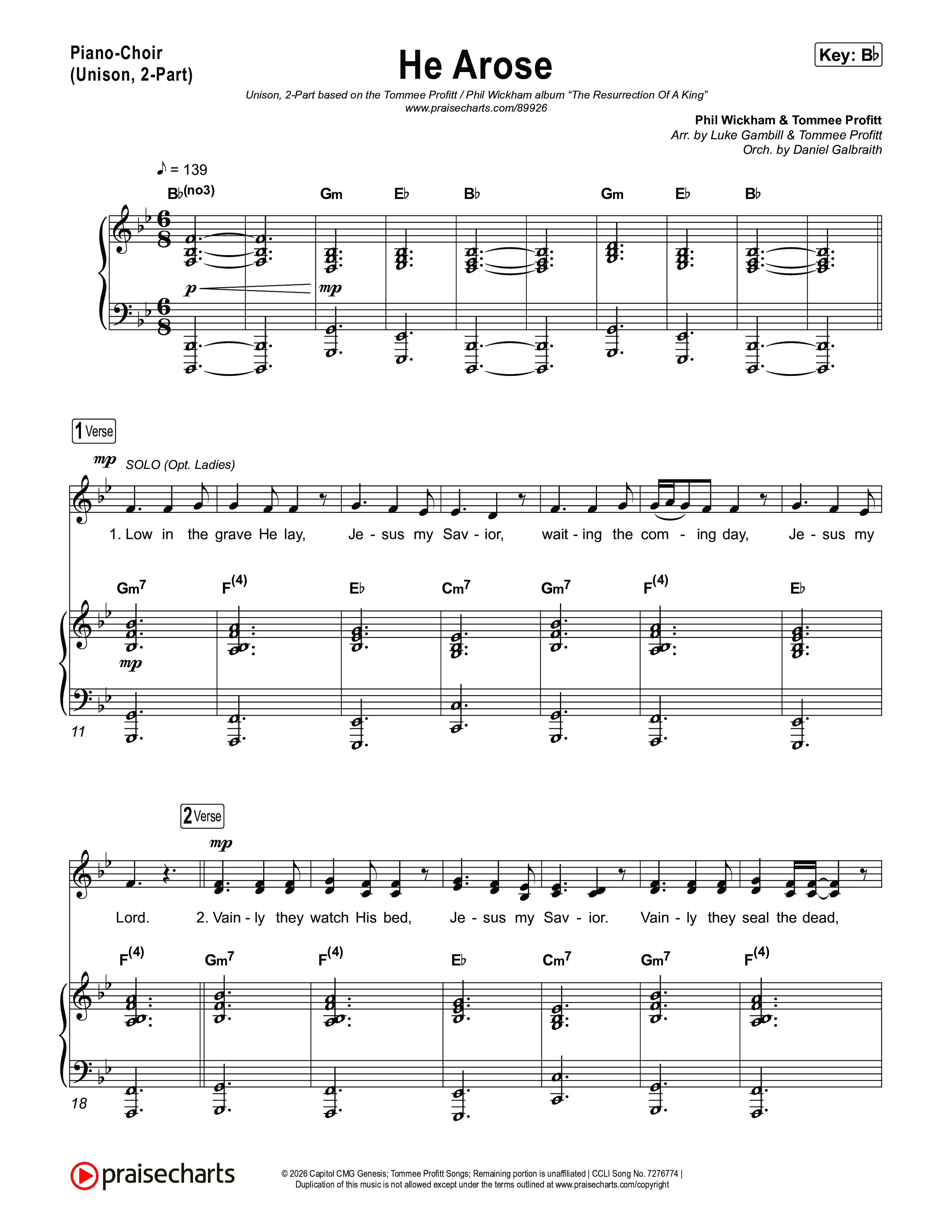 He Arose (Unison/2-Part) Piano/Choir  (Uni/2-Part) (Tommee Profitt / Phil Wickham / Arr. Luke Gambill)