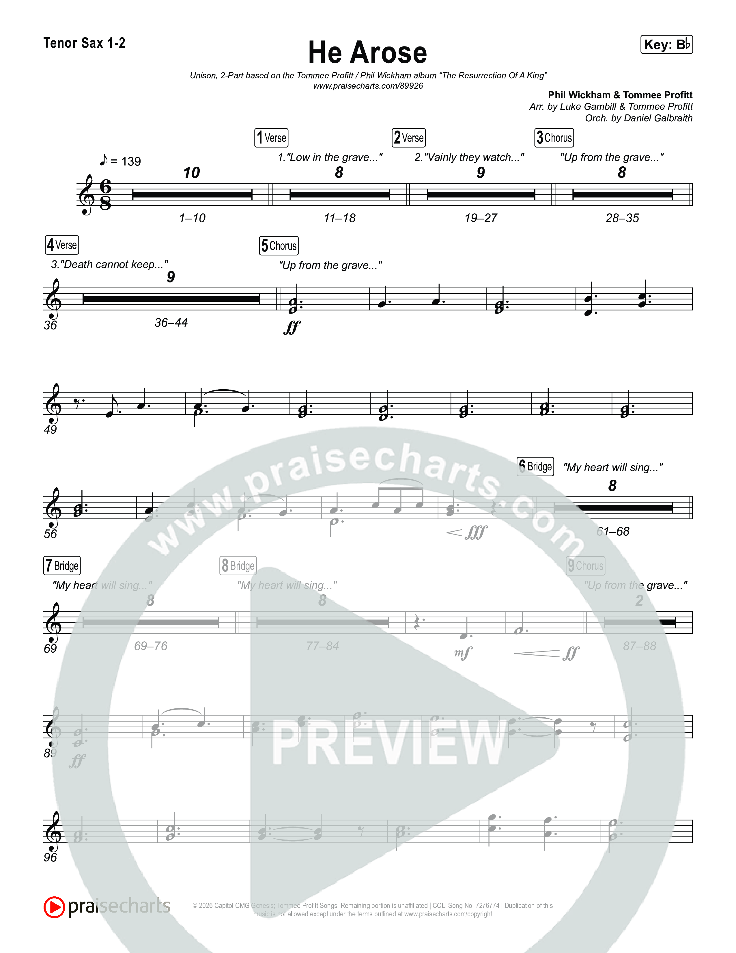 He Arose (Unison/2-Part) Tenor Sax 1/2 (Tommee Profitt / Phil Wickham / Arr. Luke Gambill)