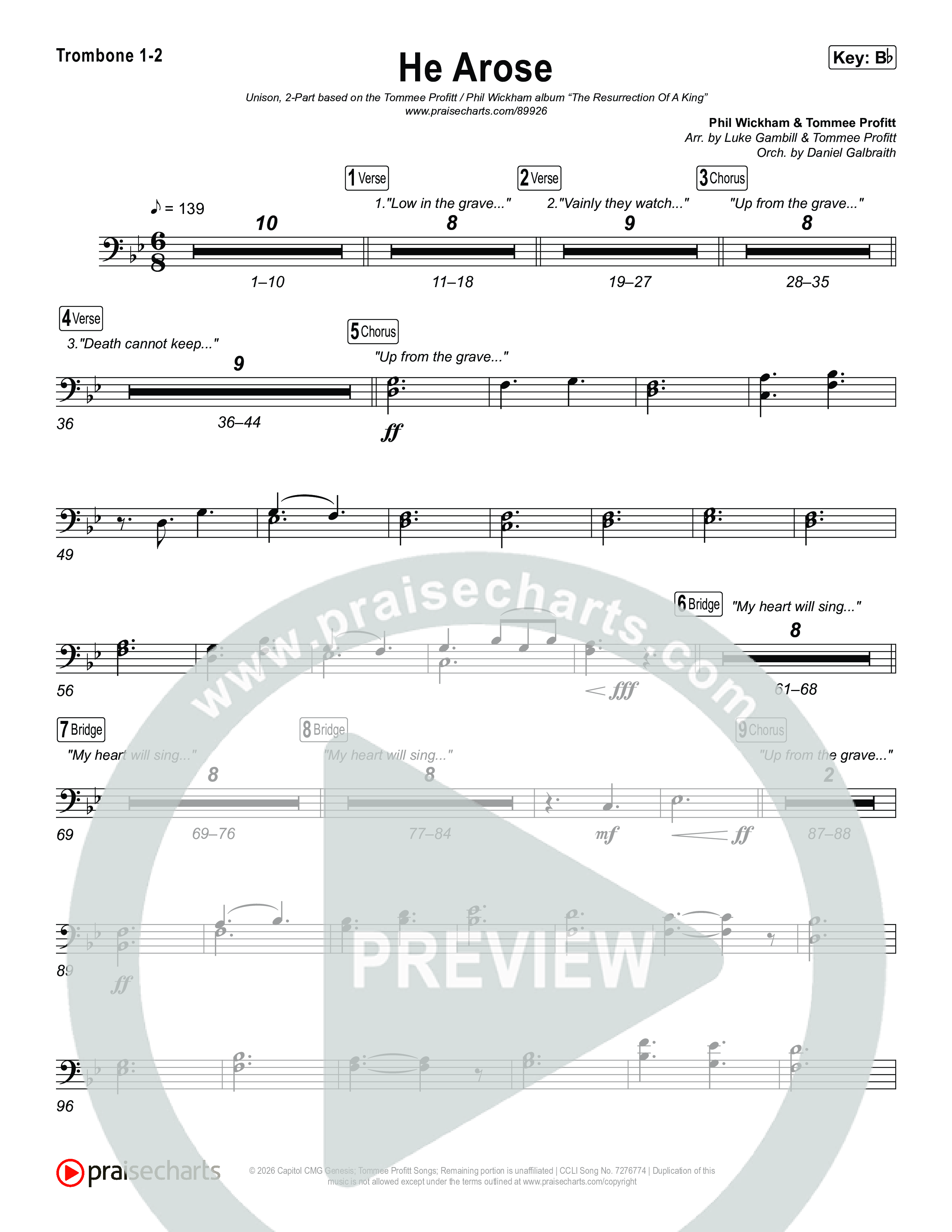 He Arose (Unison/2-Part) Trombone 1/2 (Tommee Profitt / Phil Wickham / Arr. Luke Gambill)