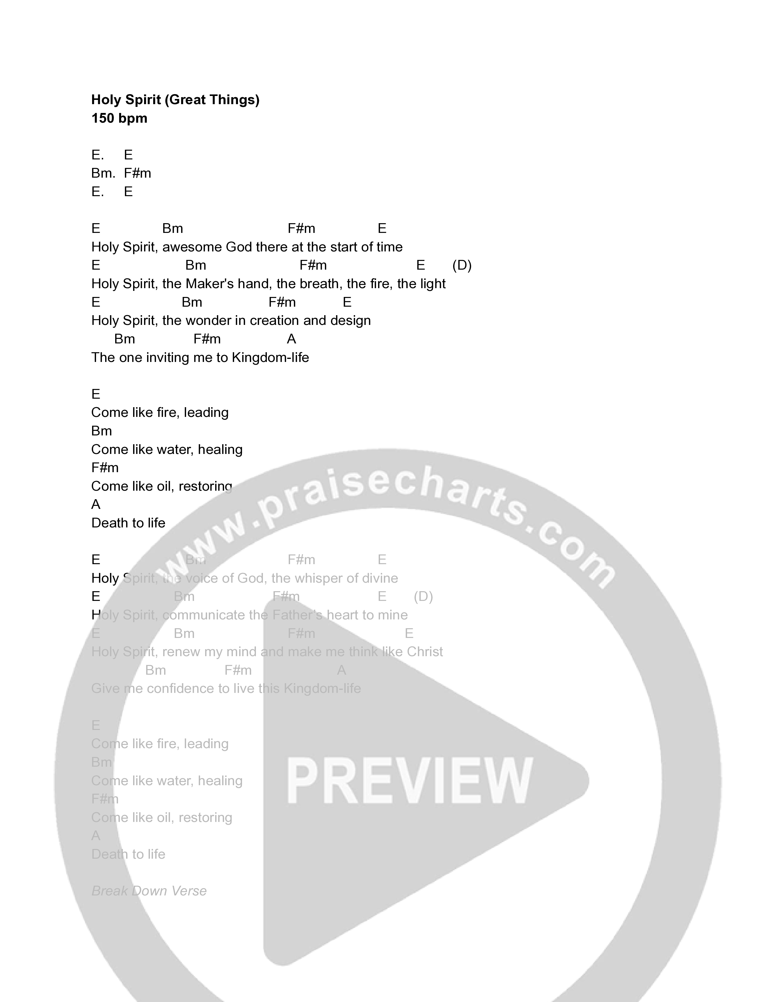 Holy Spirit (Great Things) (Live) Chord Chart (Freedom Church)