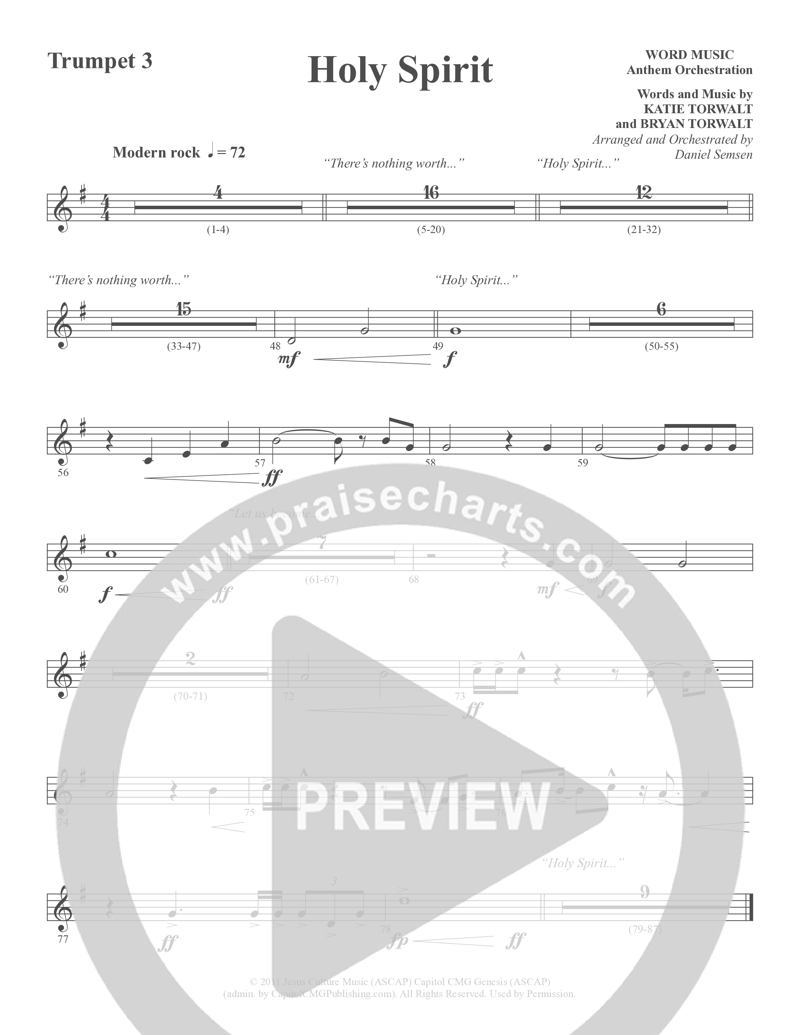 Holy Spirit (Choral Anthem SATB) Trumpet 3 (Word Music Choral / Arr. Daniel Semsen)