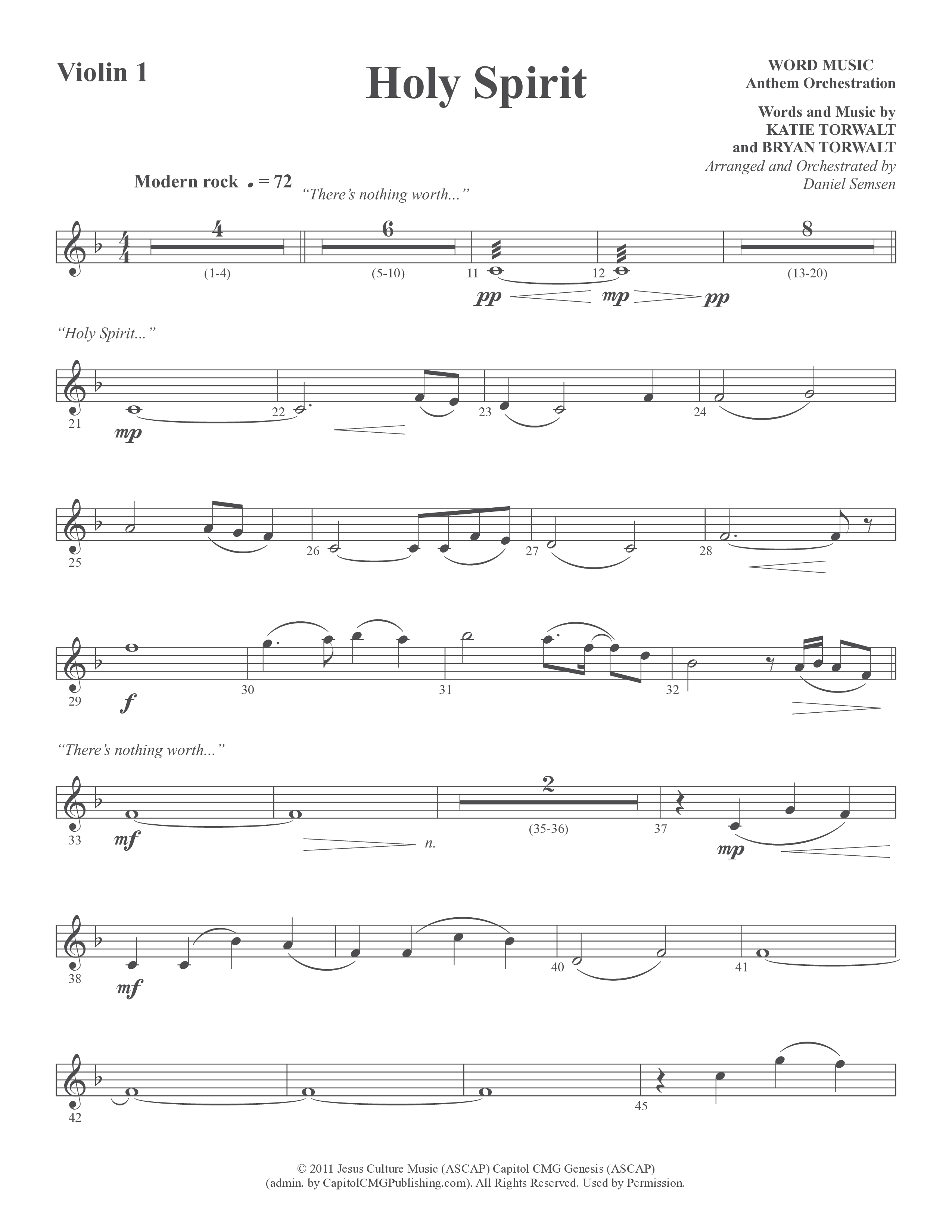 Holy Spirit (Choral Anthem SATB) Violin 1/2 (Word Music Choral / Arr. Daniel Semsen)