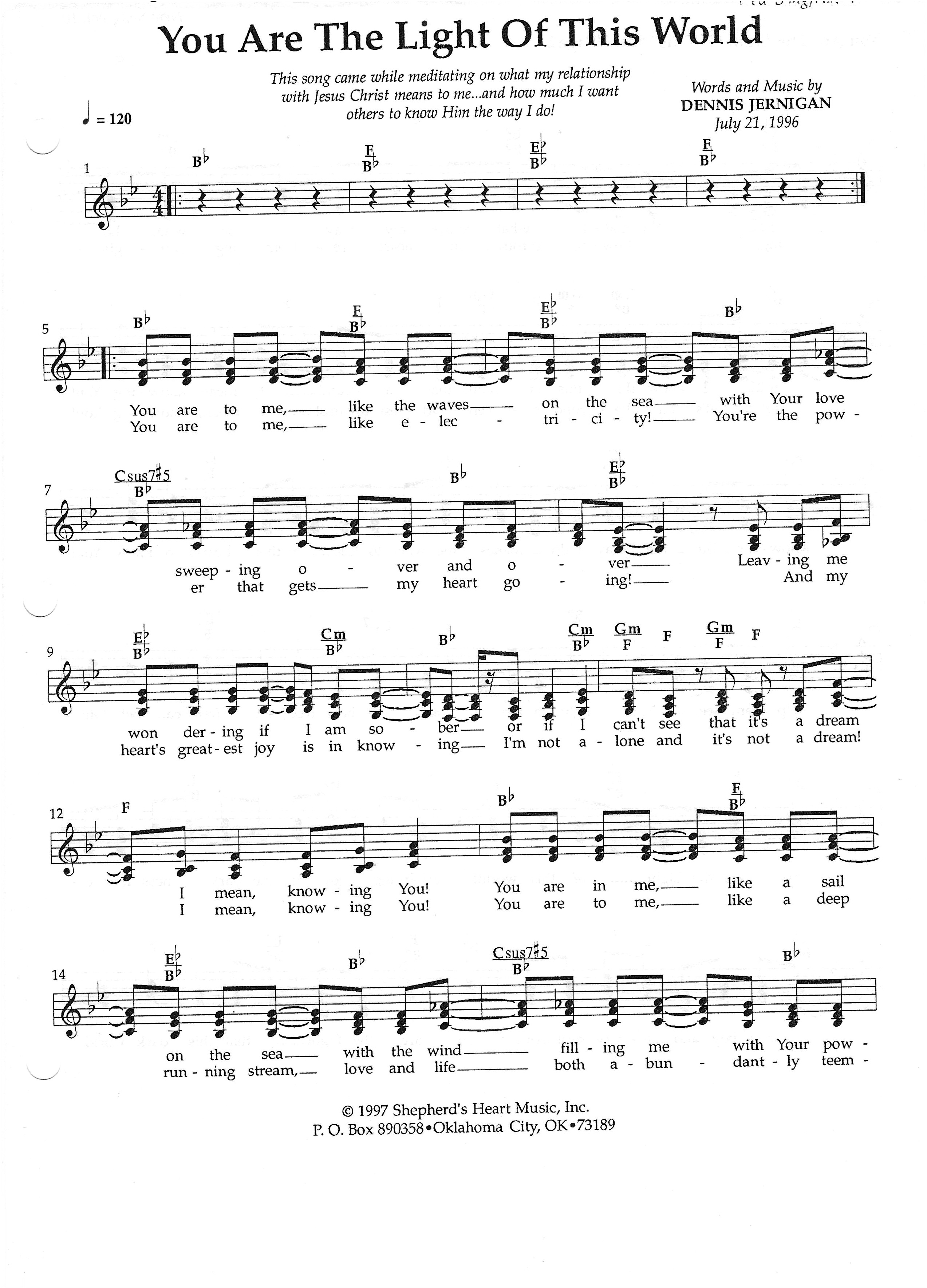 You Are The Light Of This World Lead Sheet (SAT) (Dennis Jernigan)