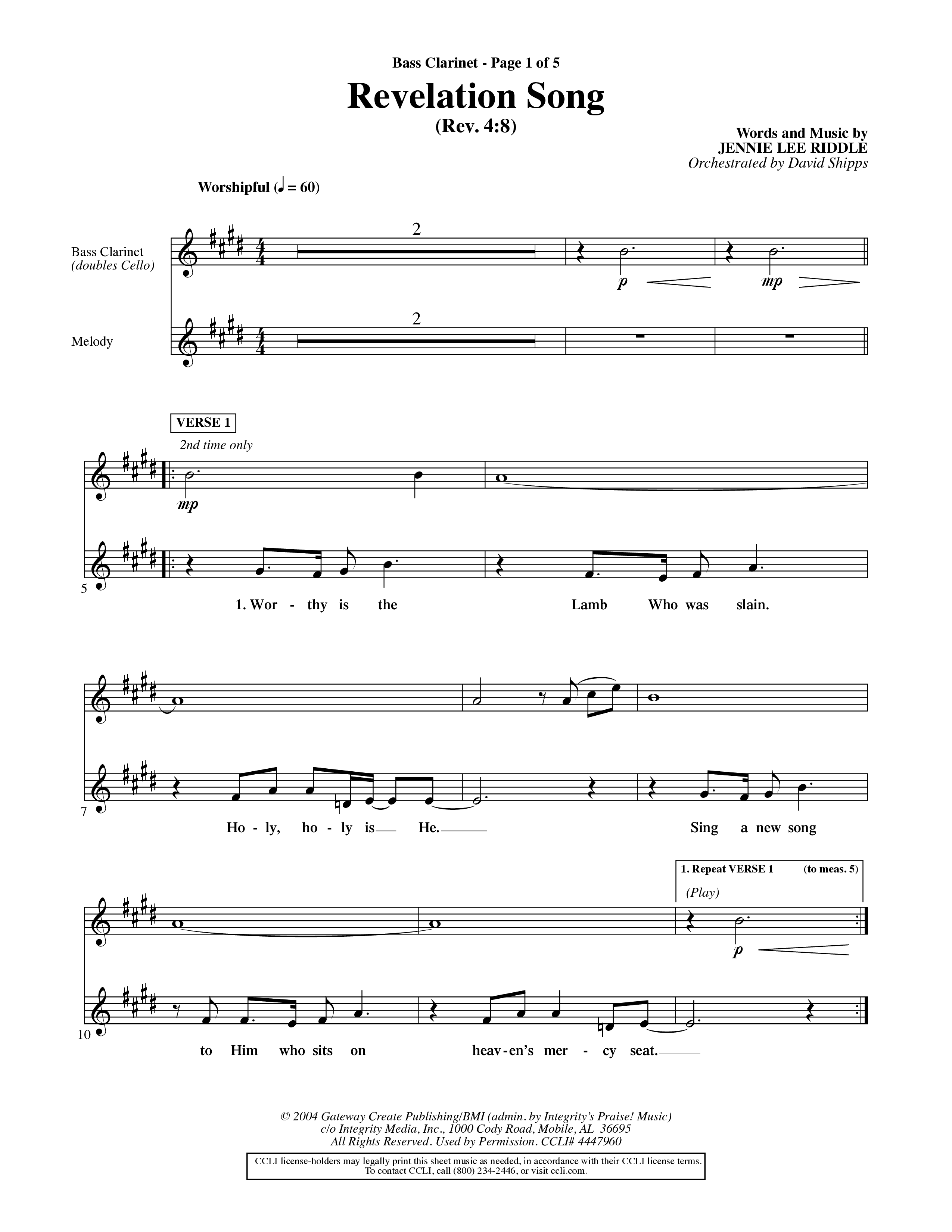 Revelation Song (Choral Anthem SATB) Bass Clarinet (Word Music Choral / Orch. David Shipps)