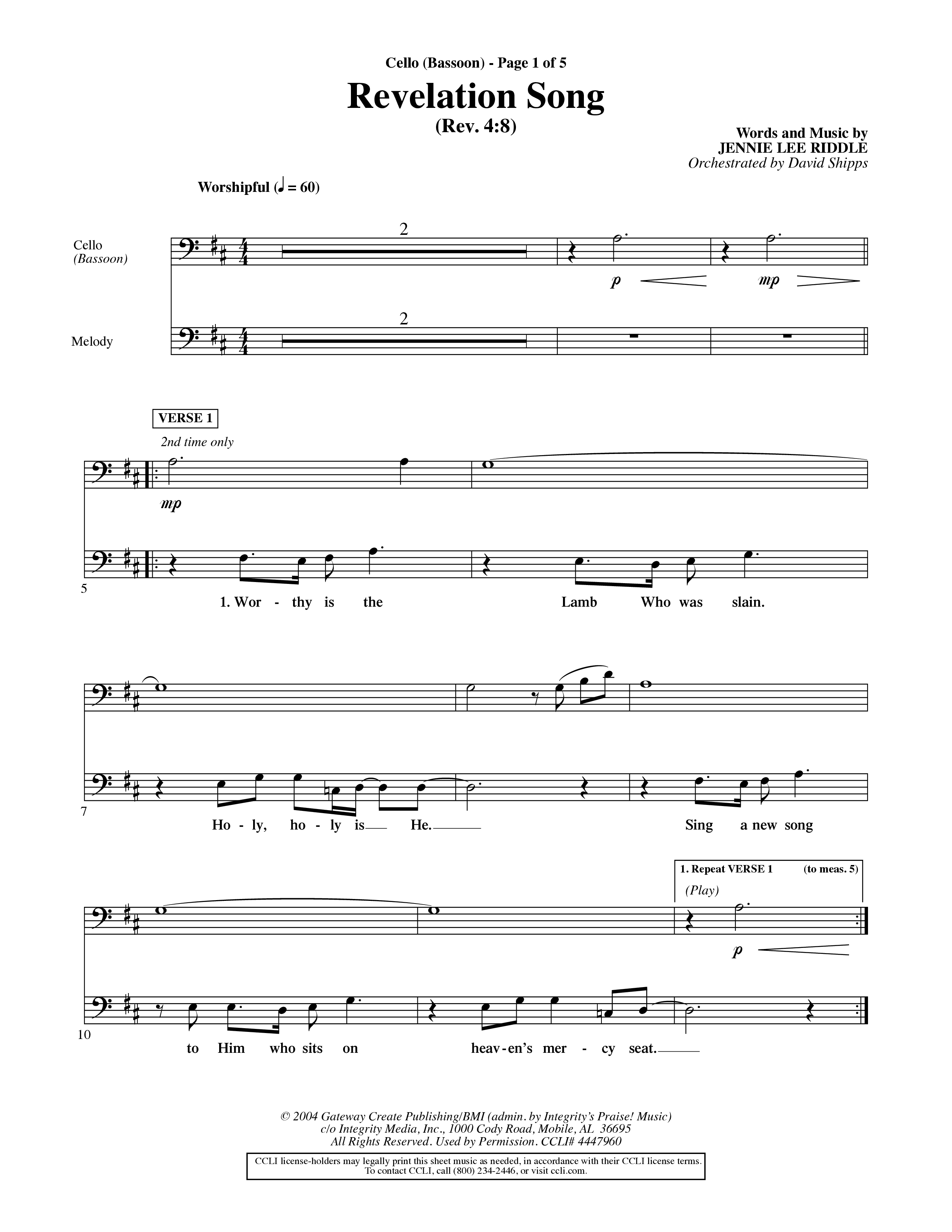 Revelation Song (Choral Anthem SATB) Cello (Word Music Choral / Orch. David Shipps)