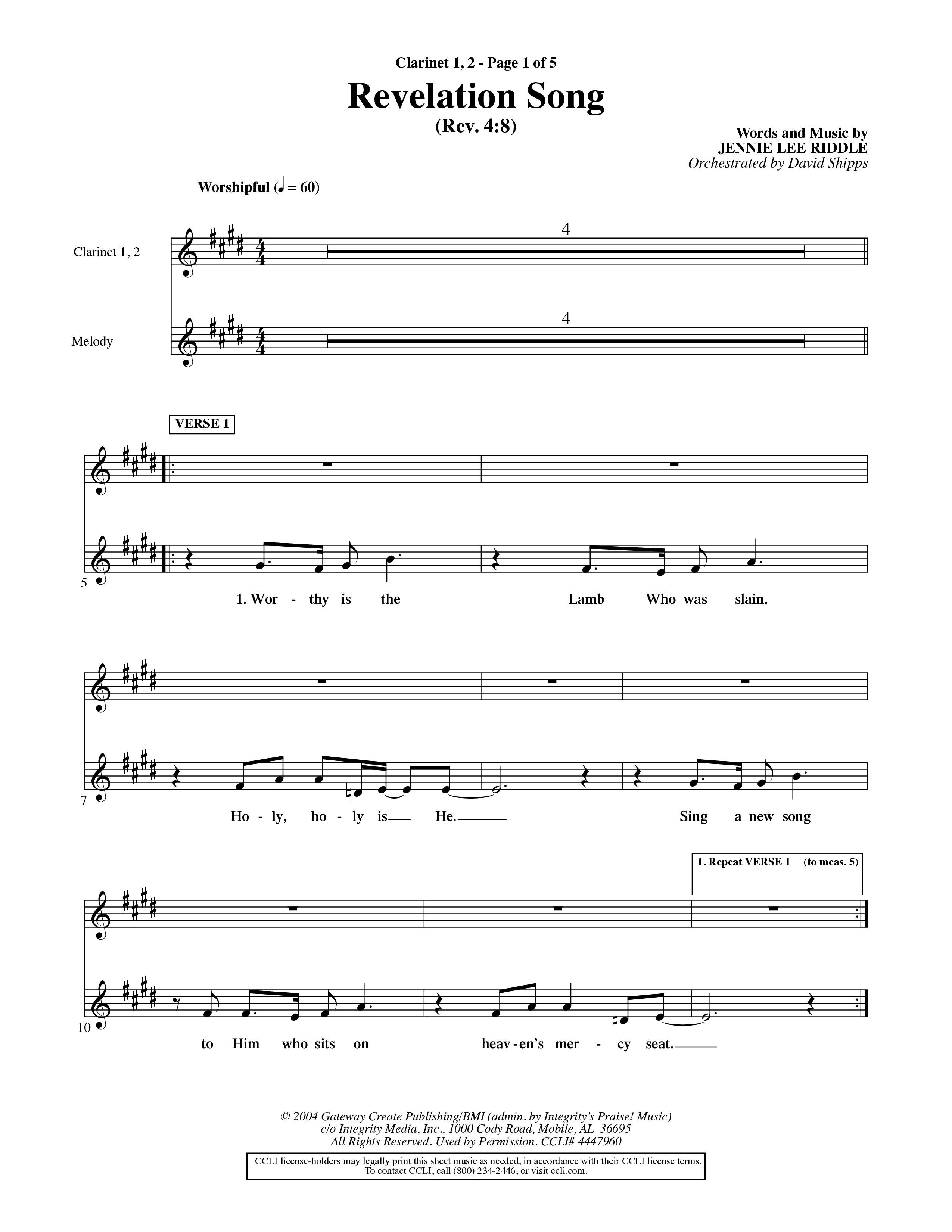 Revelation Song (Choral Anthem SATB) Clarinet 1/2 (Word Music Choral / Orch. David Shipps)