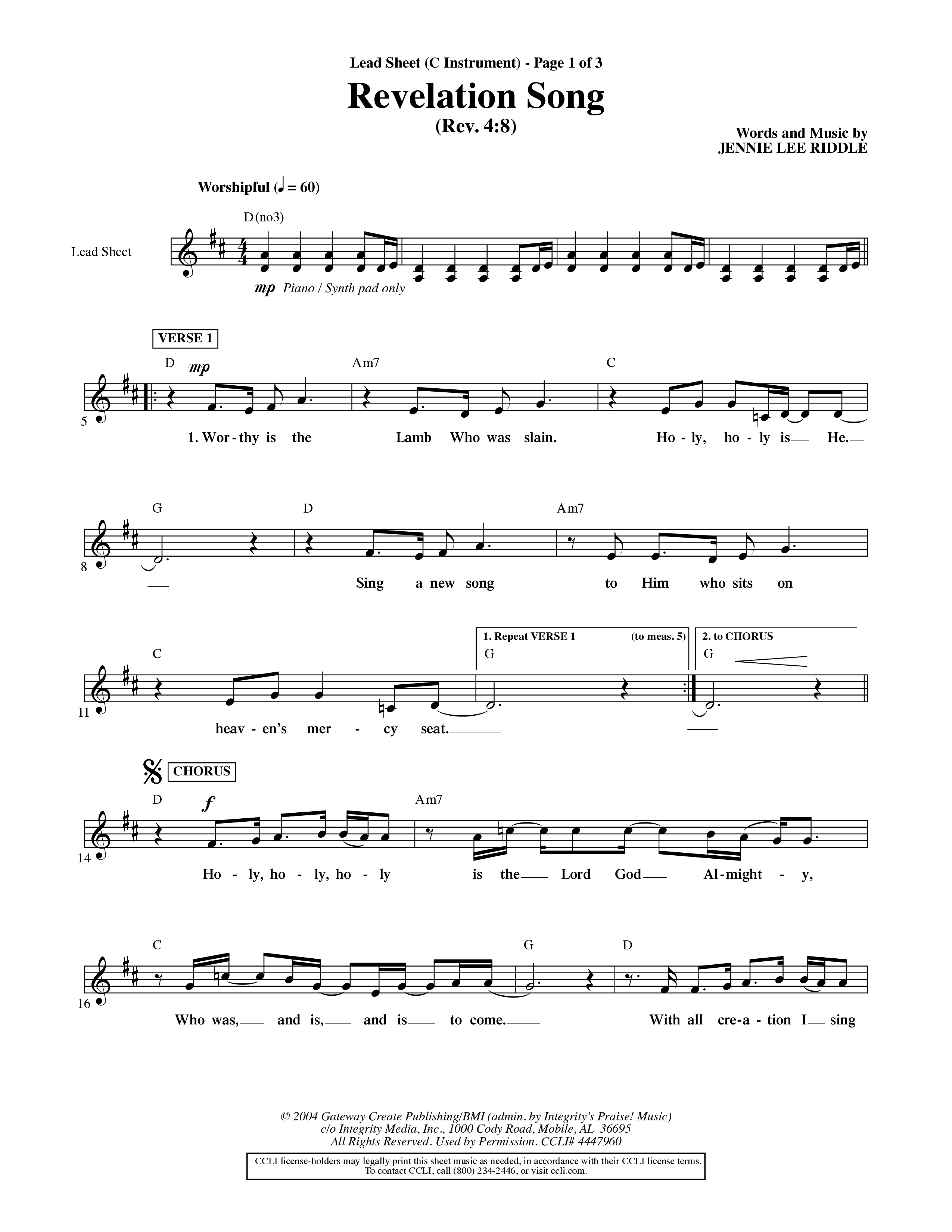 Revelation Song (Choral Anthem SATB) Lead Sheet (Mel) (Word Music Choral / Orch. David Shipps)