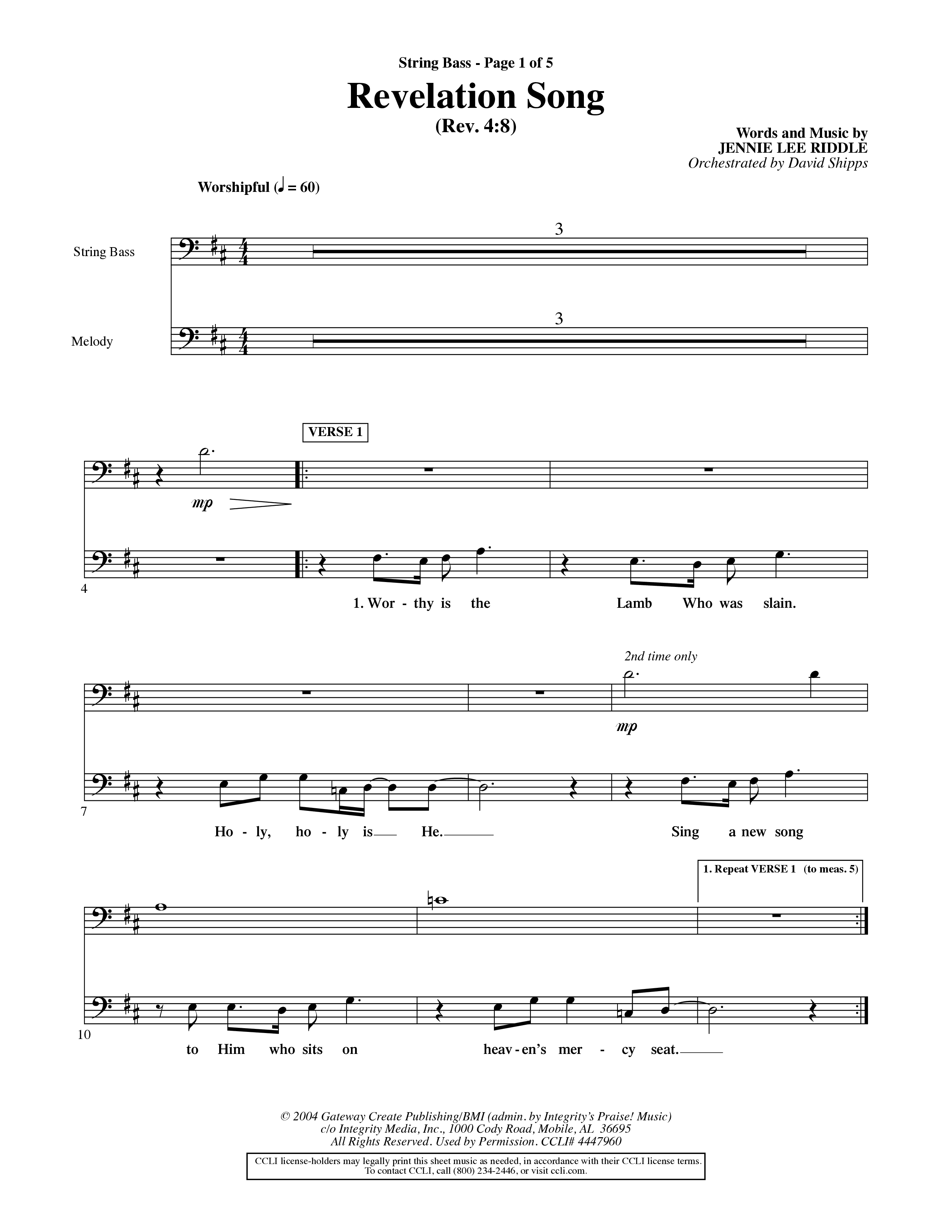 Revelation Song (Choral Anthem SATB) String Bass (Word Music Choral / Orch. David Shipps)