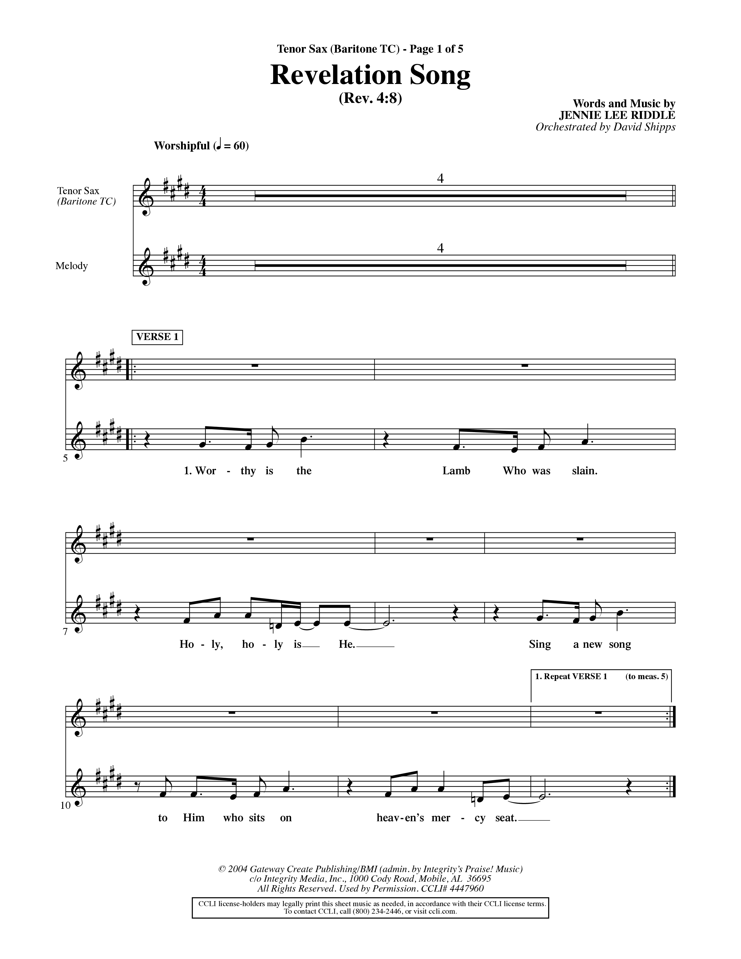 Revelation Song (Choral Anthem SATB) Tenor Sax/Baritone T.C. (Word Music Choral / Orch. David Shipps)