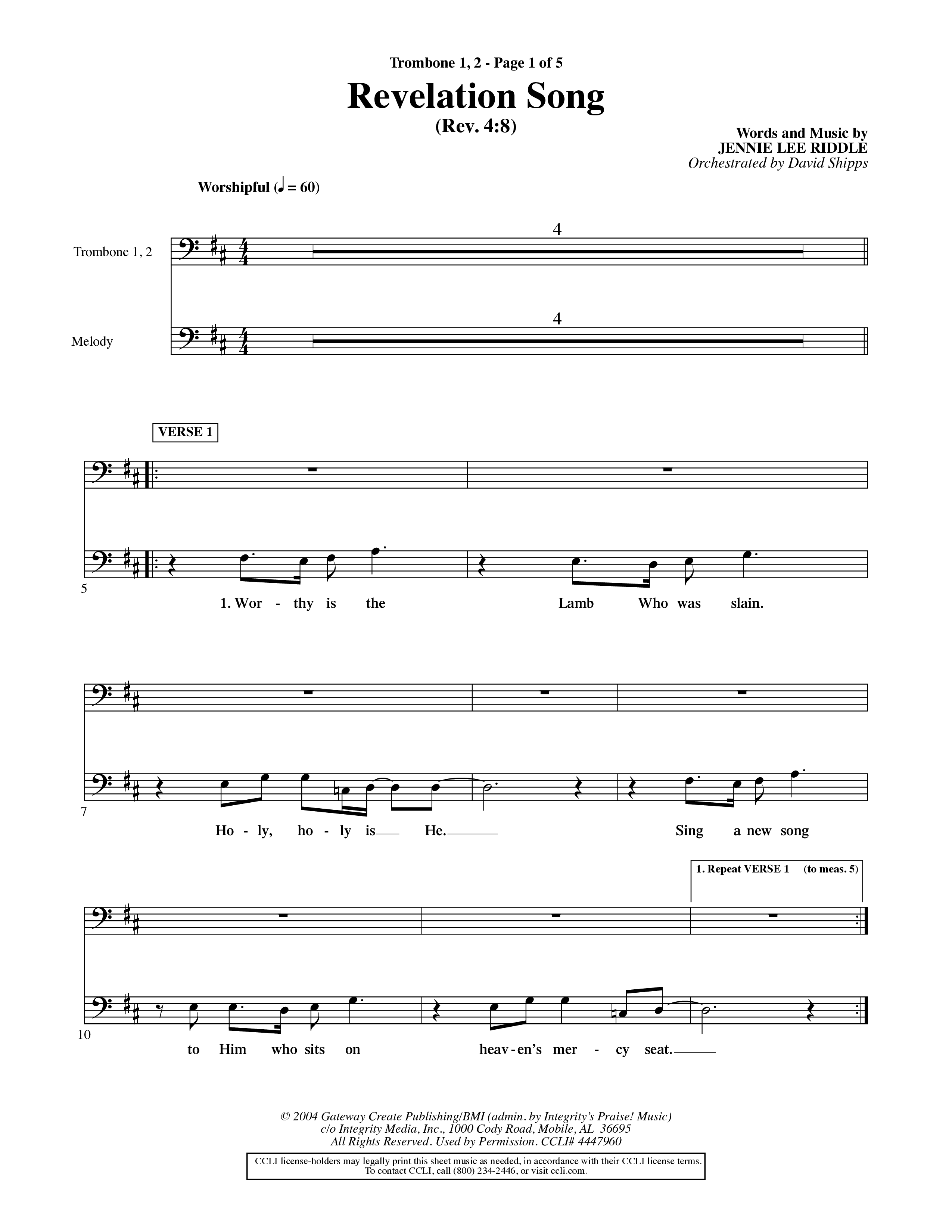 Revelation Song (Choral Anthem SATB) Trombone 1/2 (Word Music Choral / Orch. David Shipps)