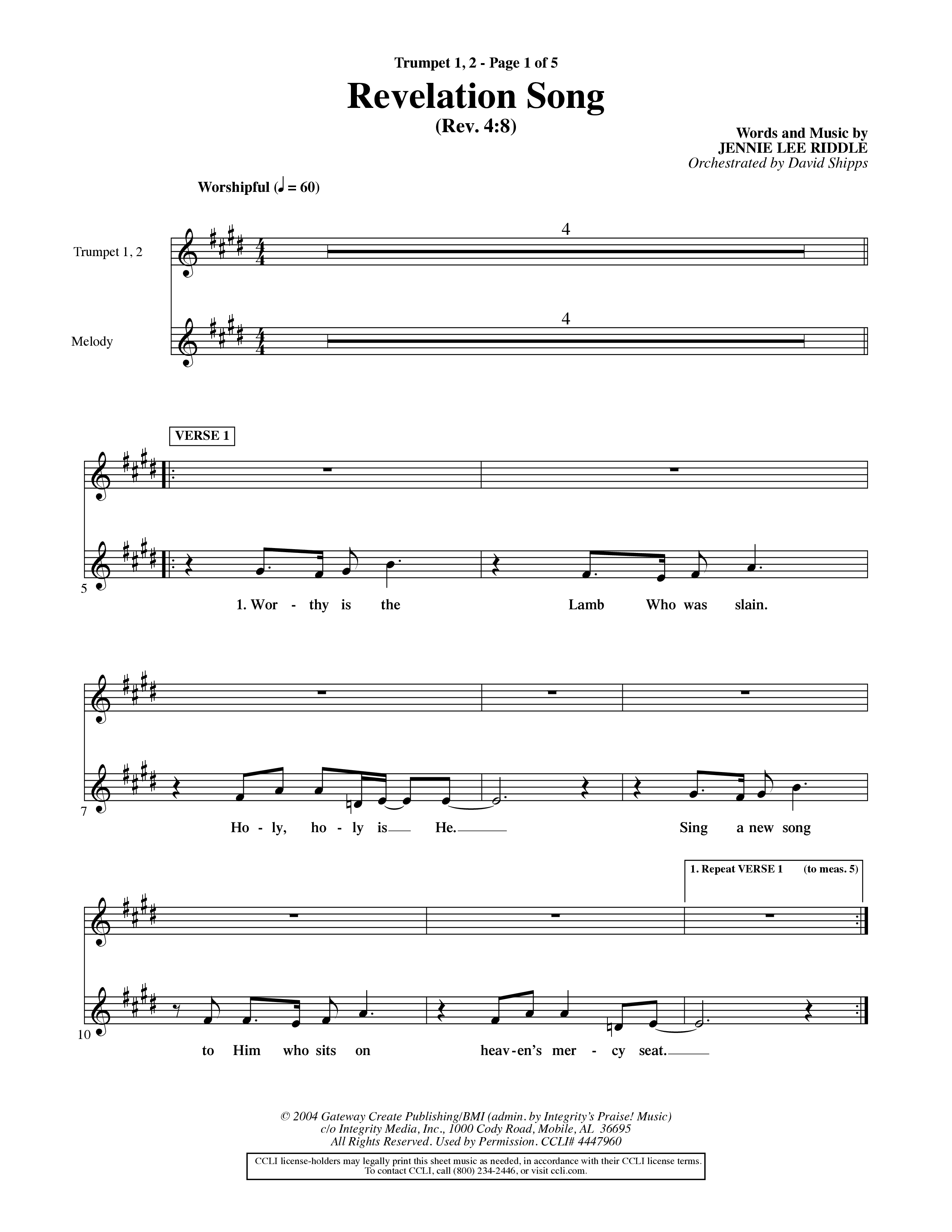 Revelation Song (Choral Anthem SATB) Trumpet 1,2 (Word Music Choral / Orch. David Shipps)