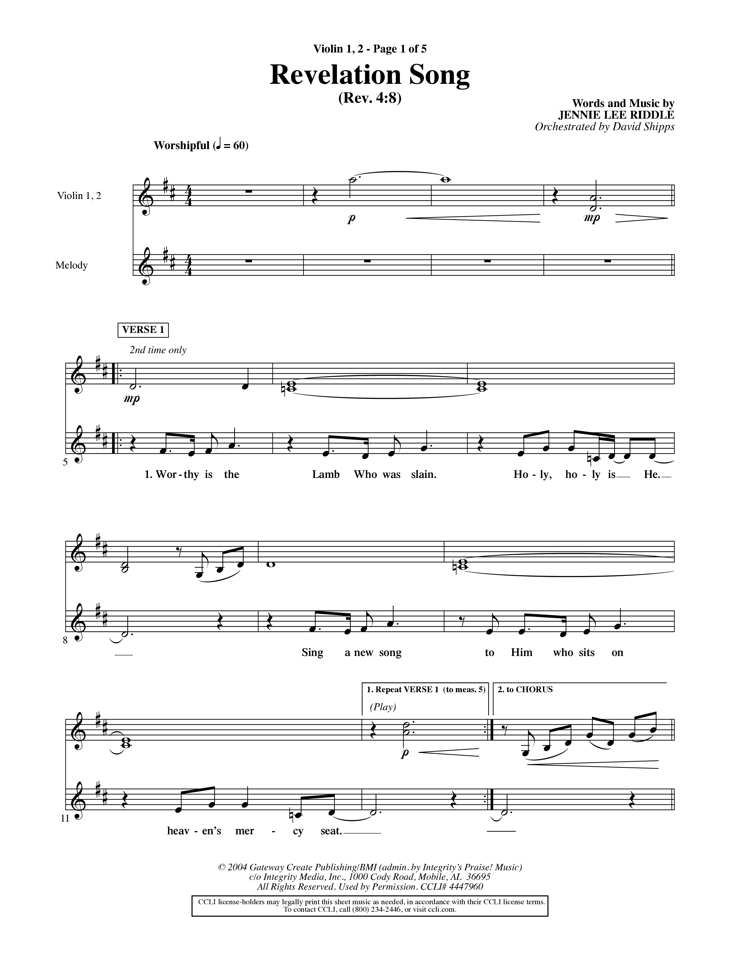 Revelation Song (Choral Anthem SATB) Violin 1/2 (Word Music Choral / Orch. David Shipps)
