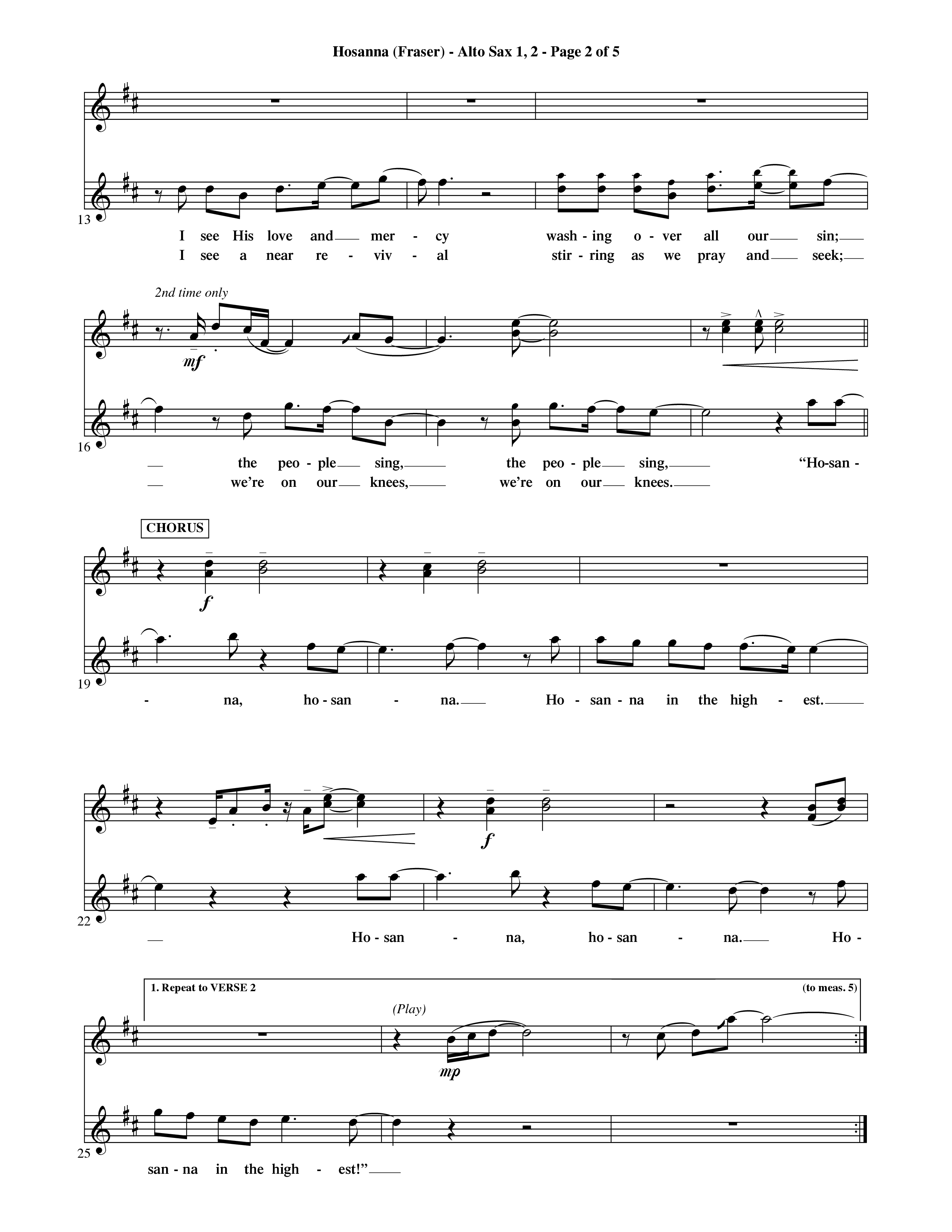Hosanna (Choral Anthem SATB) Alto Sax 1/2 (Word Music Choral / Orch. David Shipps)