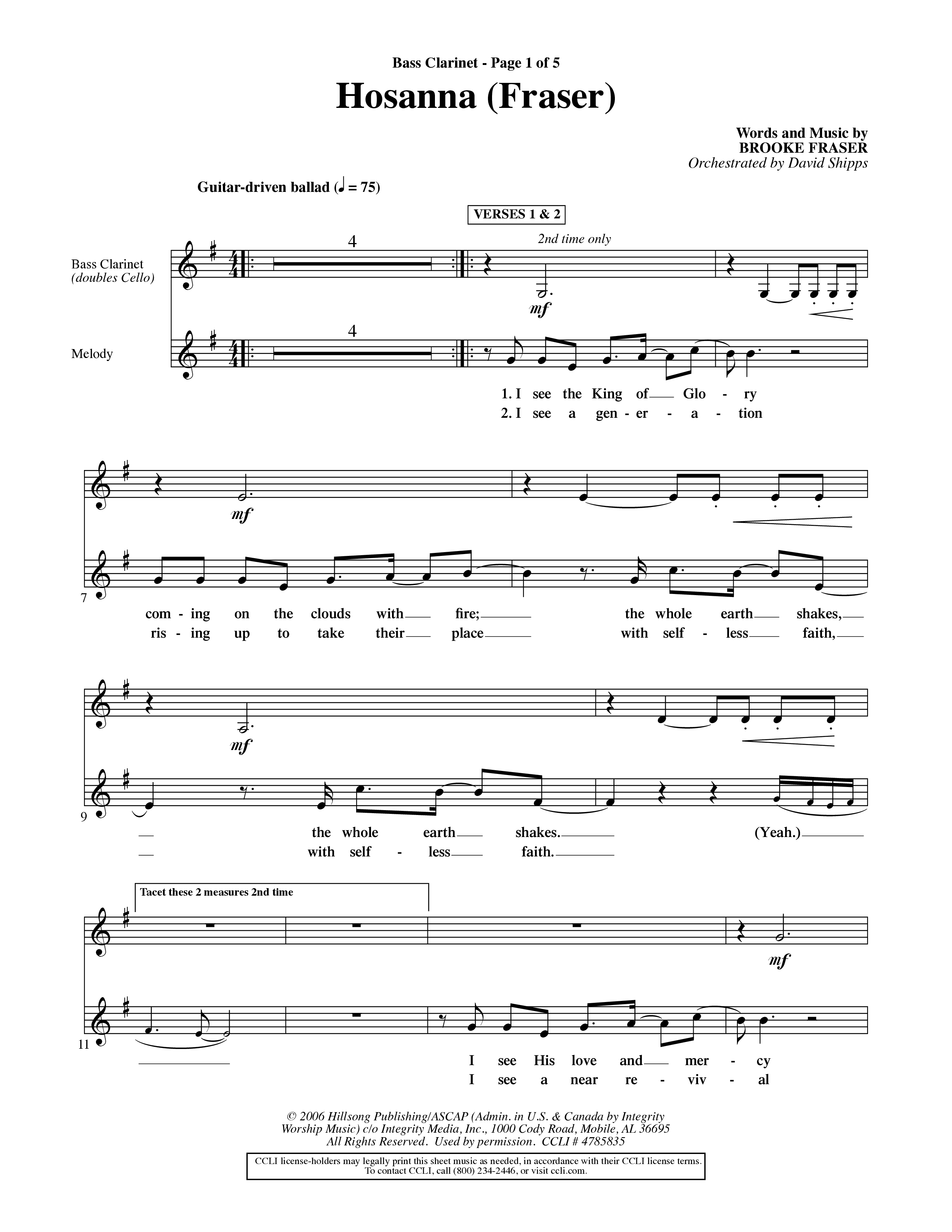 Hosanna (Choral Anthem SATB) Bass Clarinet (Word Music Choral / Orch. David Shipps)