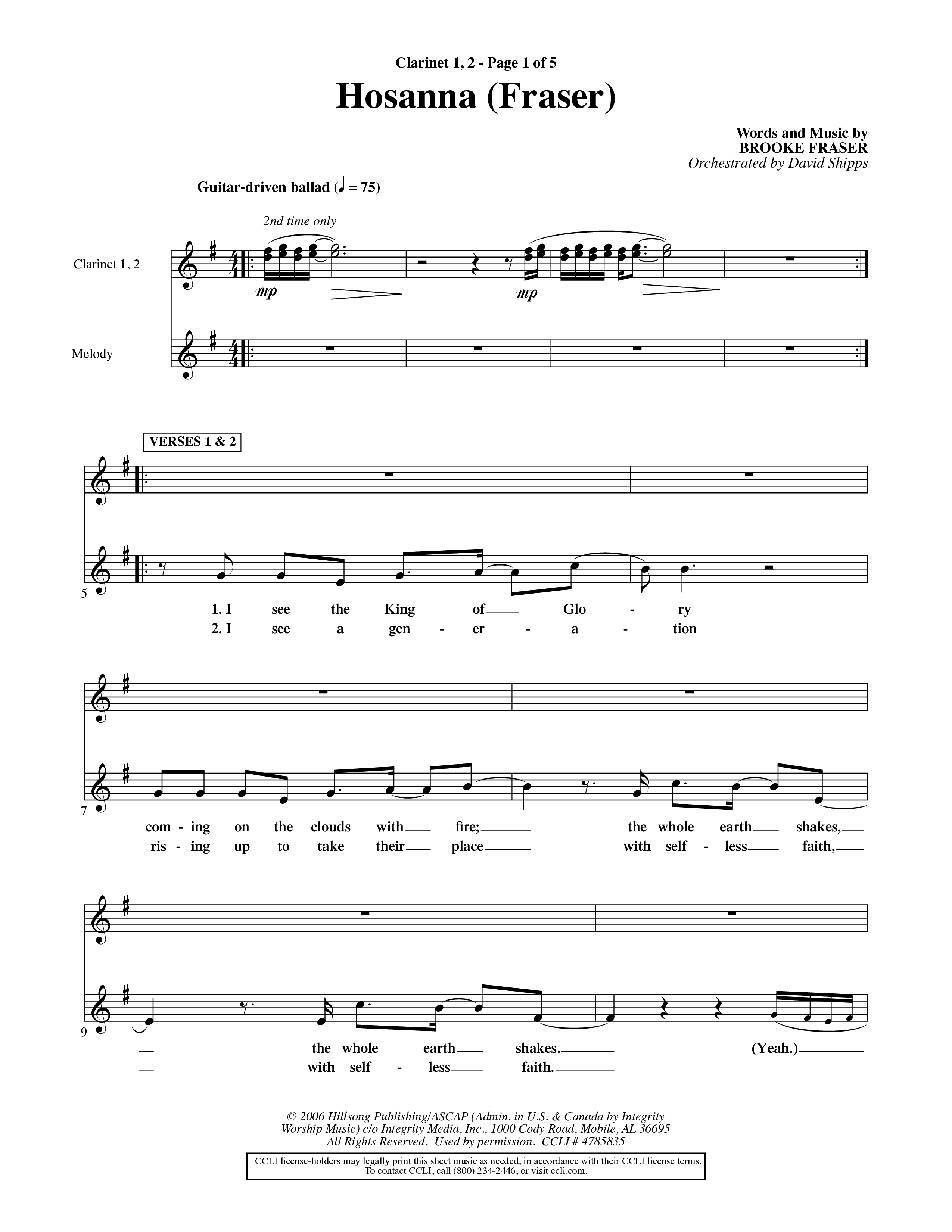 Hosanna (Choral Anthem SATB) Clarinet 1/2 (Word Music Choral / Orch. David Shipps)