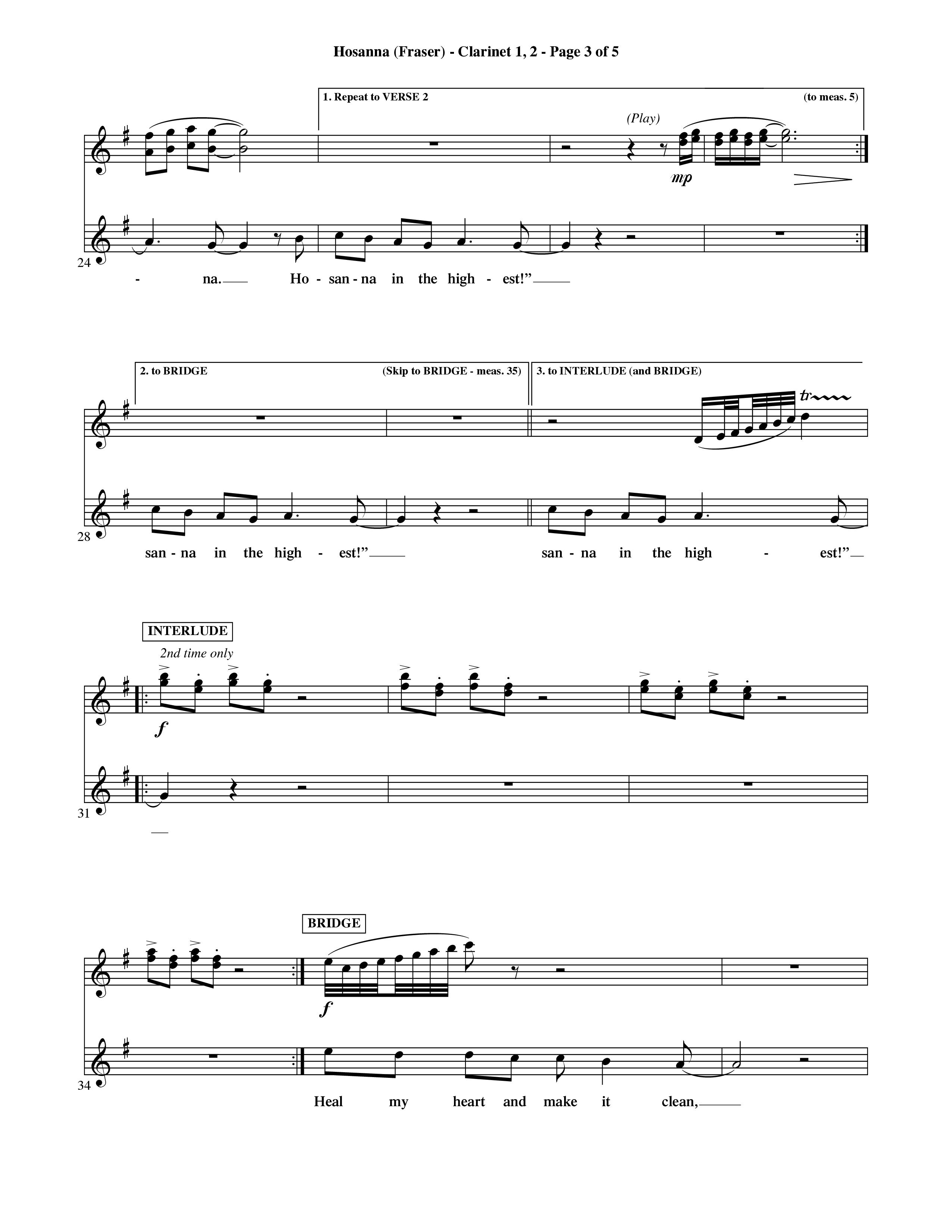Hosanna (Choral Anthem SATB) Clarinet 1/2 (Word Music Choral / Orch. David Shipps)