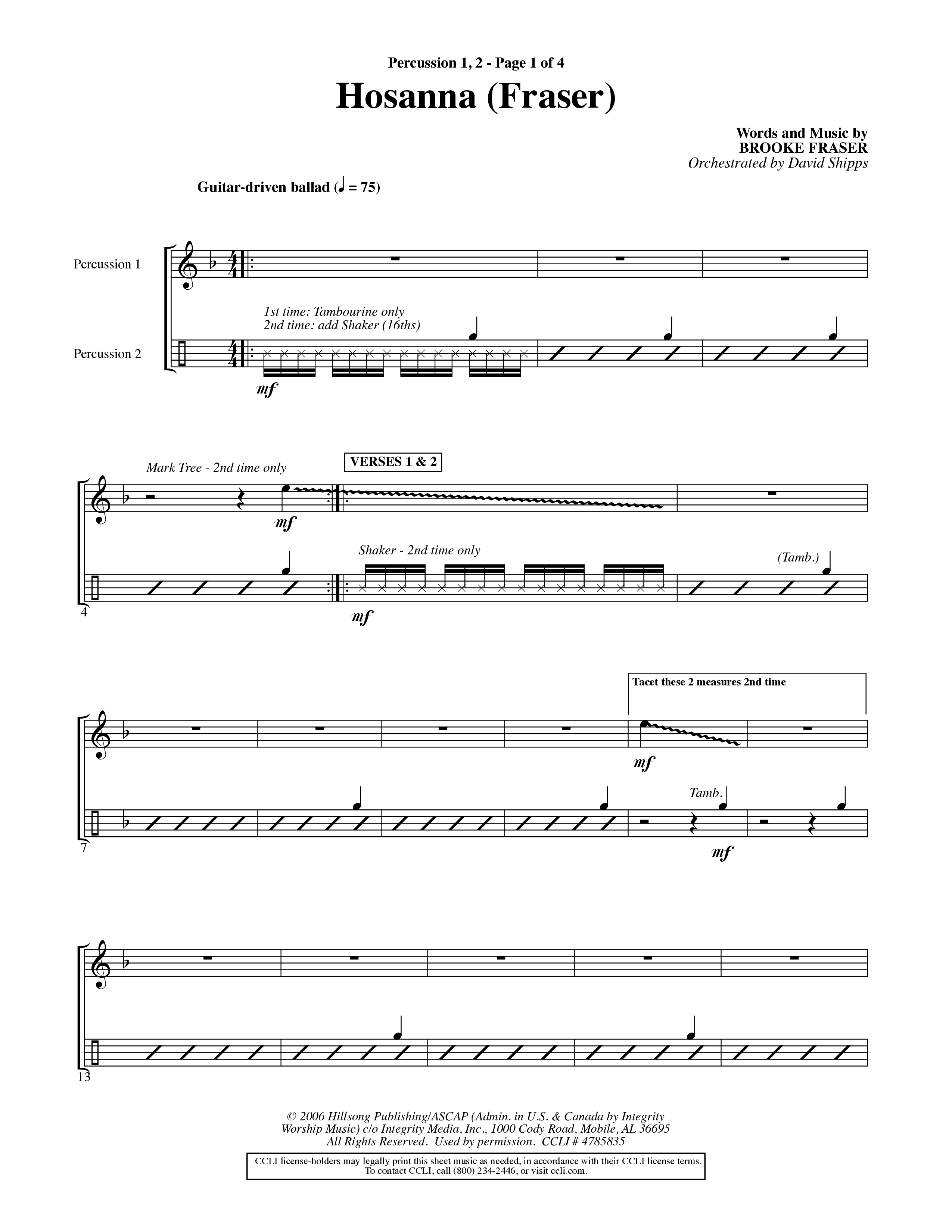 Hosanna (Choral Anthem SATB) Percussion 1/2 (Word Music Choral / Orch. David Shipps)