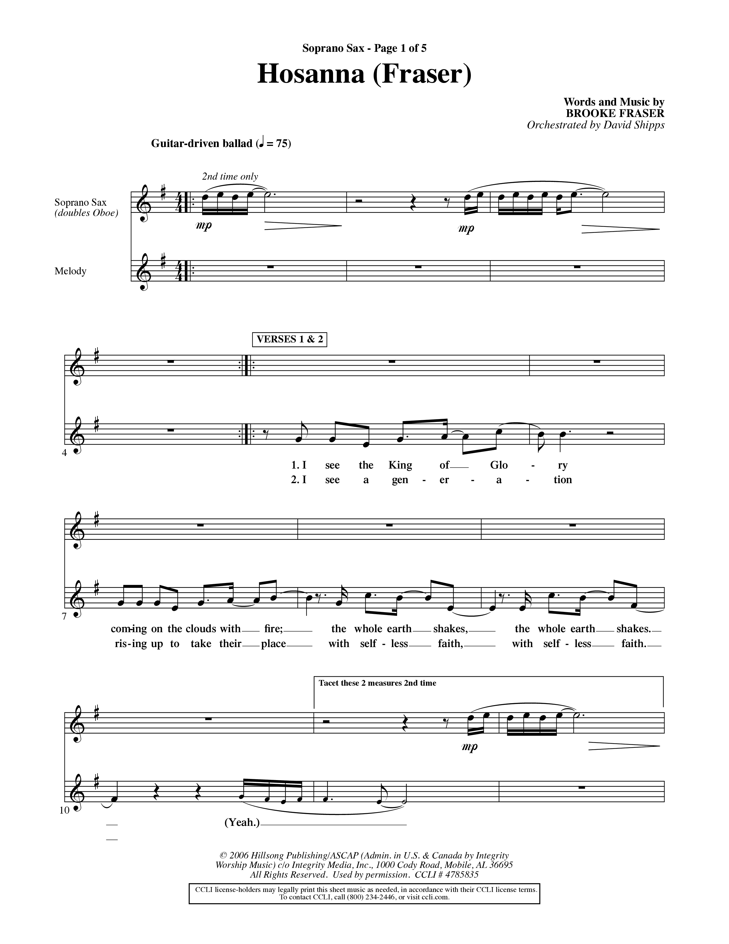 Hosanna (Choral Anthem SATB) Saxophone (Word Music Choral / Orch. David Shipps)