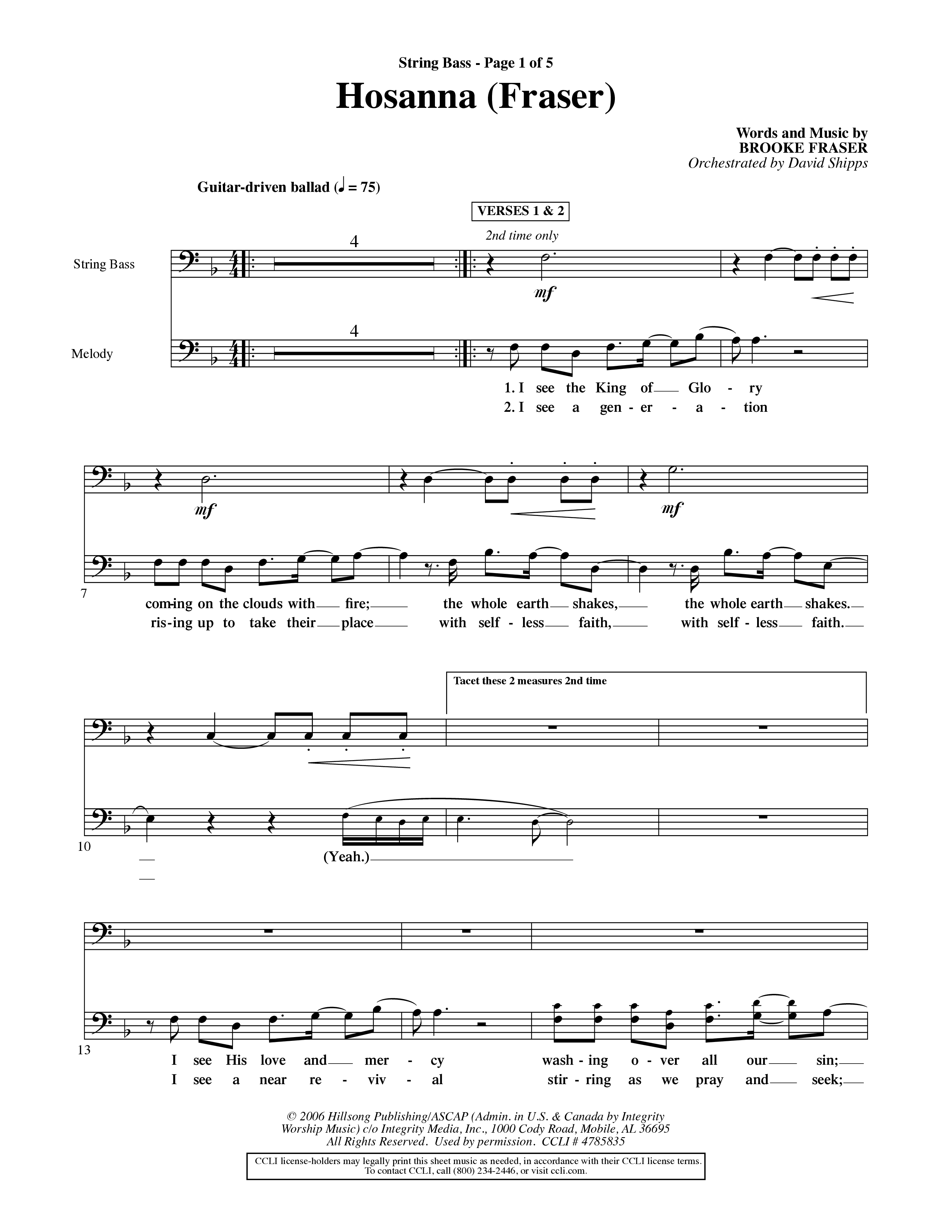 Hosanna (Choral Anthem SATB) String Bass (Word Music Choral / Orch. David Shipps)