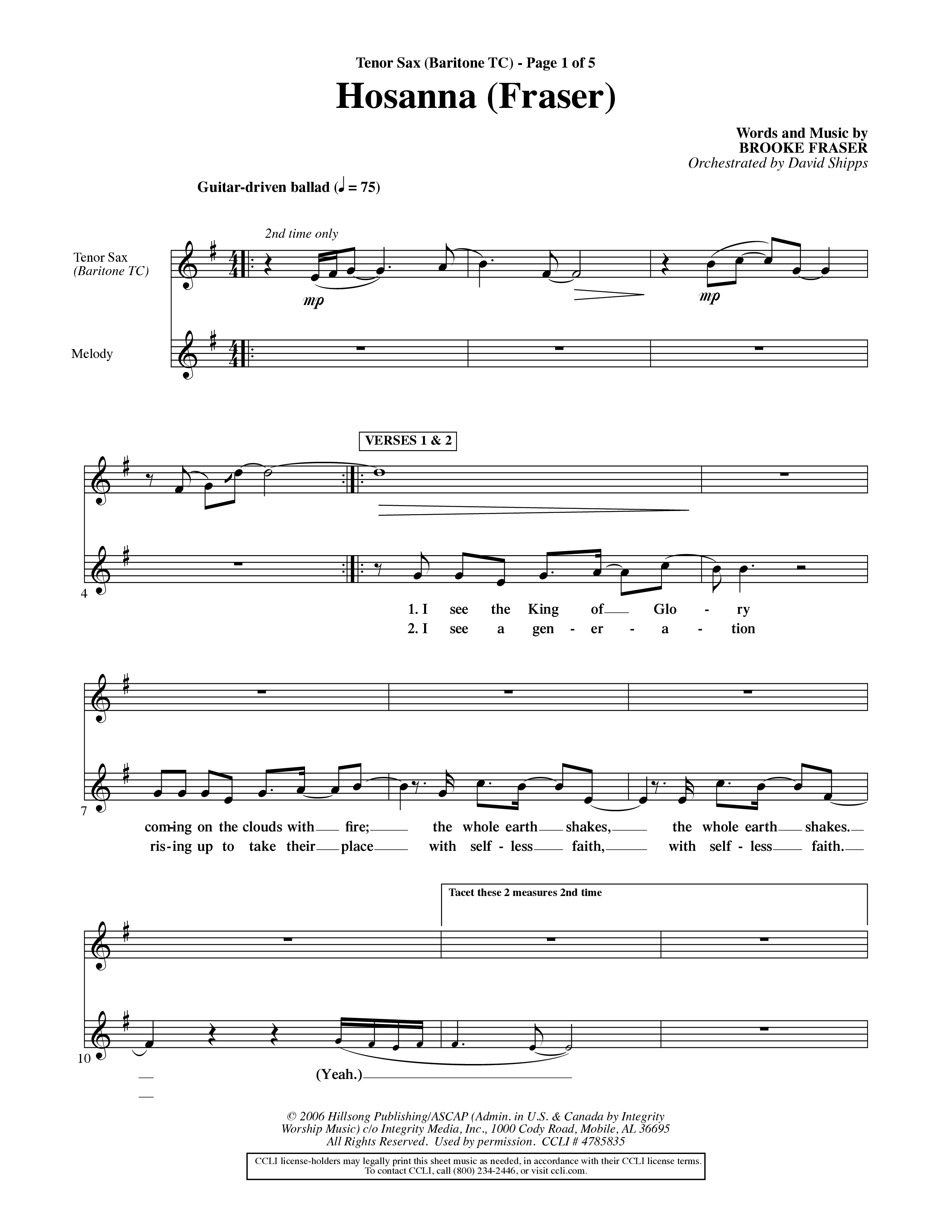 Hosanna (Choral Anthem SATB) Tenor Sax/Baritone T.C. (Word Music Choral / Orch. David Shipps)