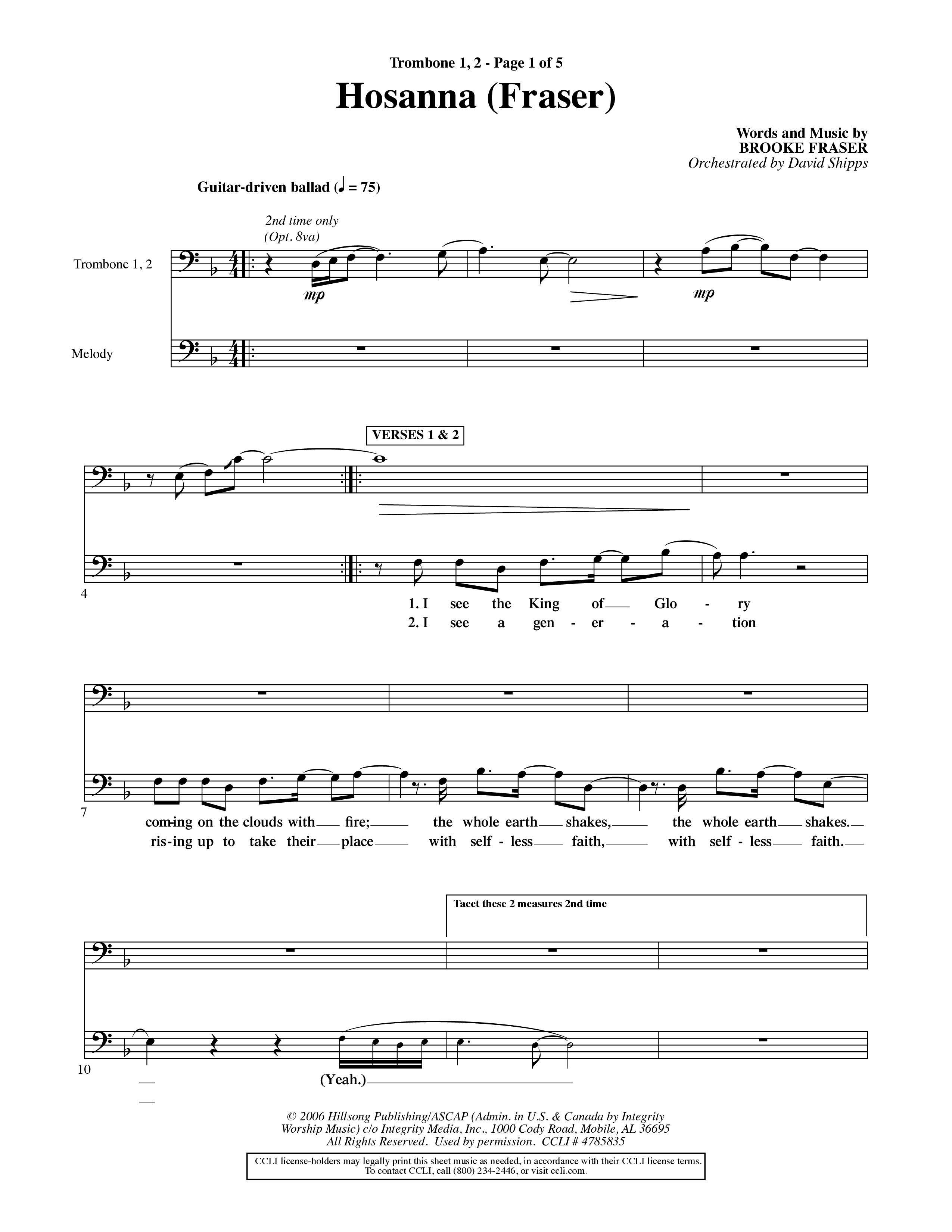 Hosanna (Choral Anthem SATB) Trombone 1/2 (Word Music Choral / Orch. David Shipps)