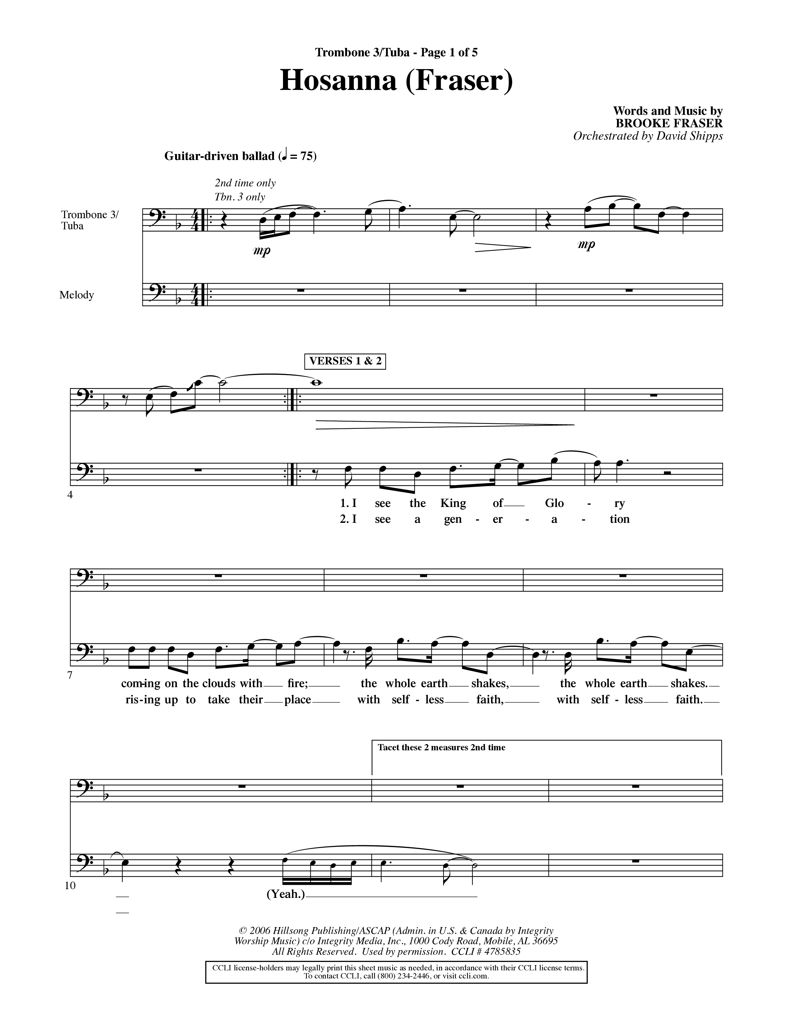 Hosanna (Choral Anthem SATB) Trombone 3/Tuba (Word Music Choral / Orch. David Shipps)
