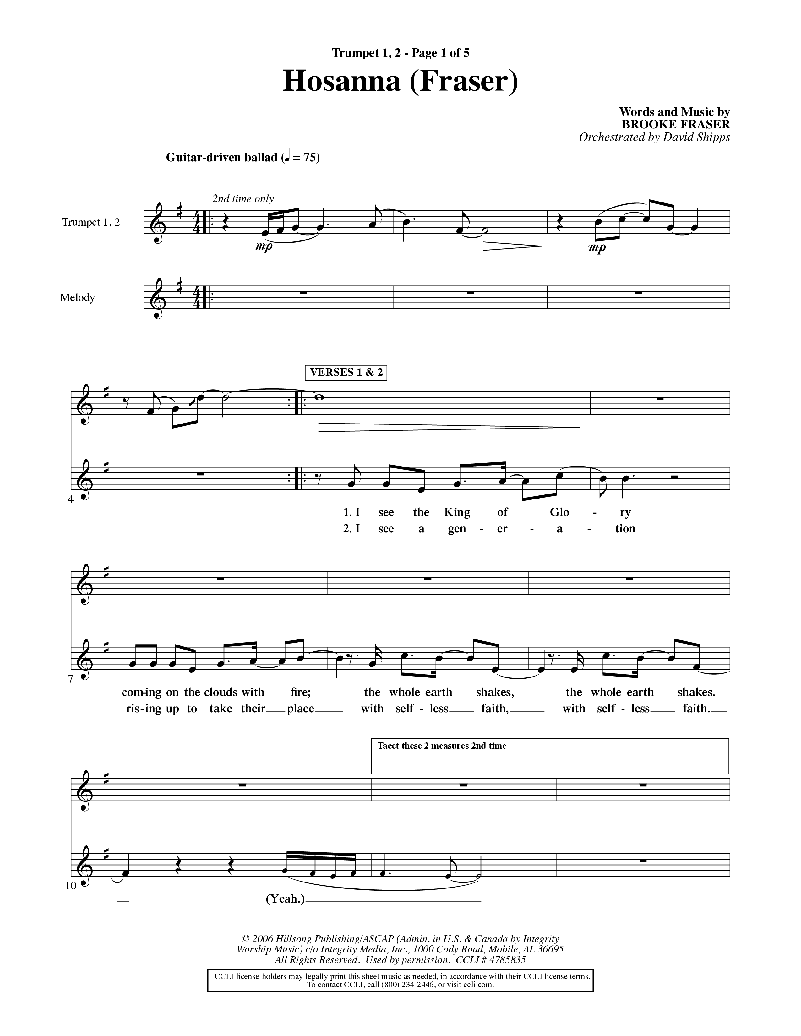 Hosanna (Choral Anthem SATB) Trumpet 1,2 (Word Music Choral / Orch. David Shipps)