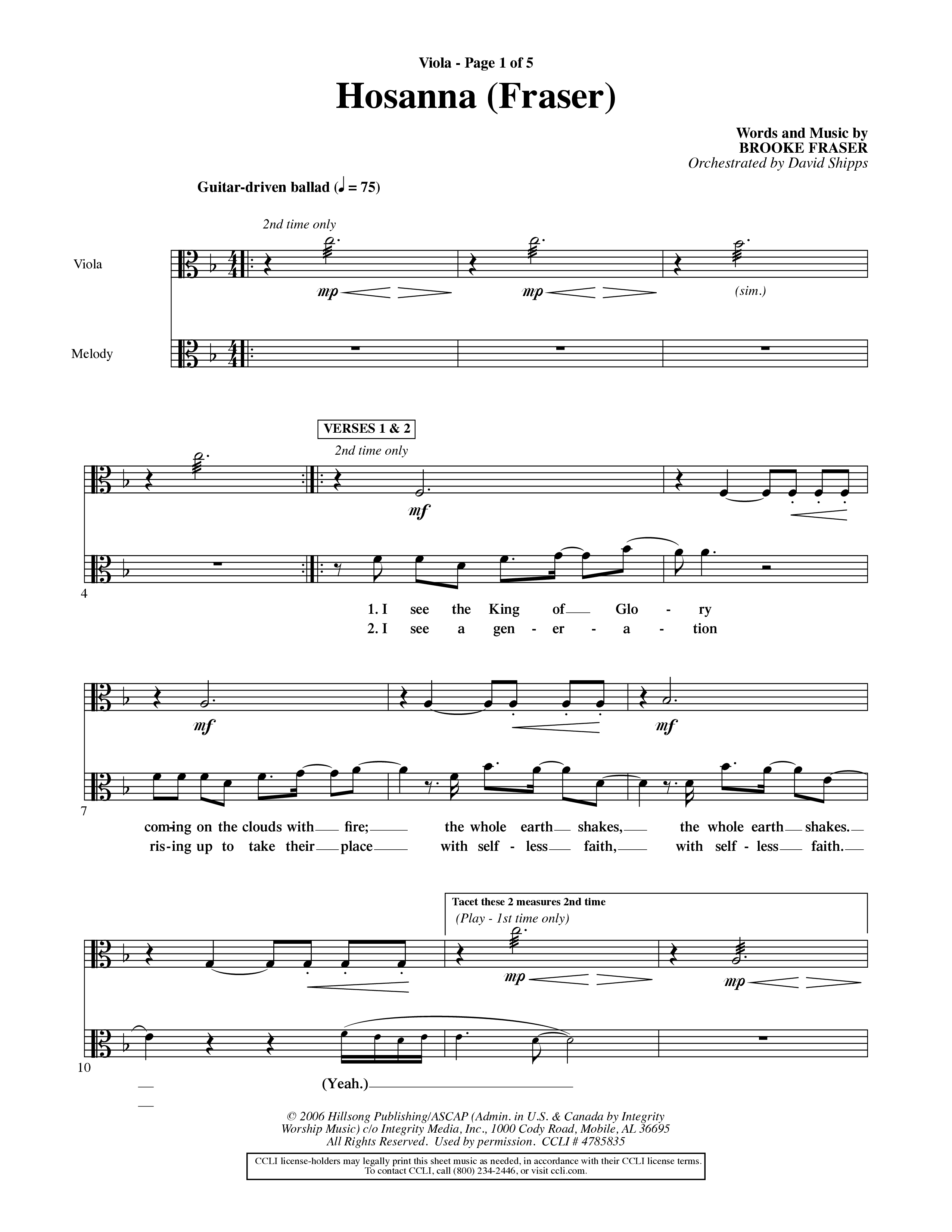Hosanna (Choral Anthem SATB) Viola (Word Music Choral / Orch. David Shipps)