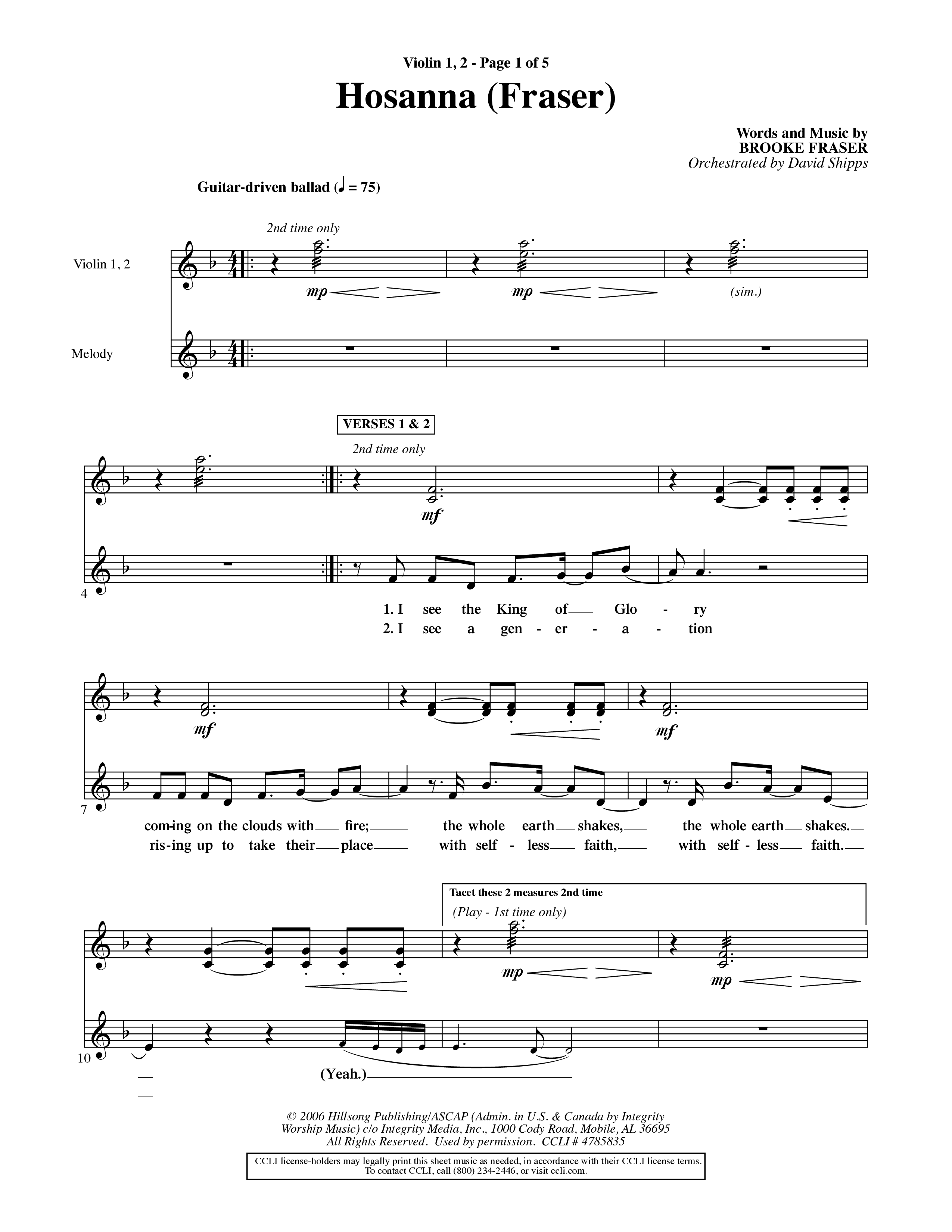 Hosanna (Choral Anthem SATB) Violin 1/2 (Word Music Choral / Orch. David Shipps)