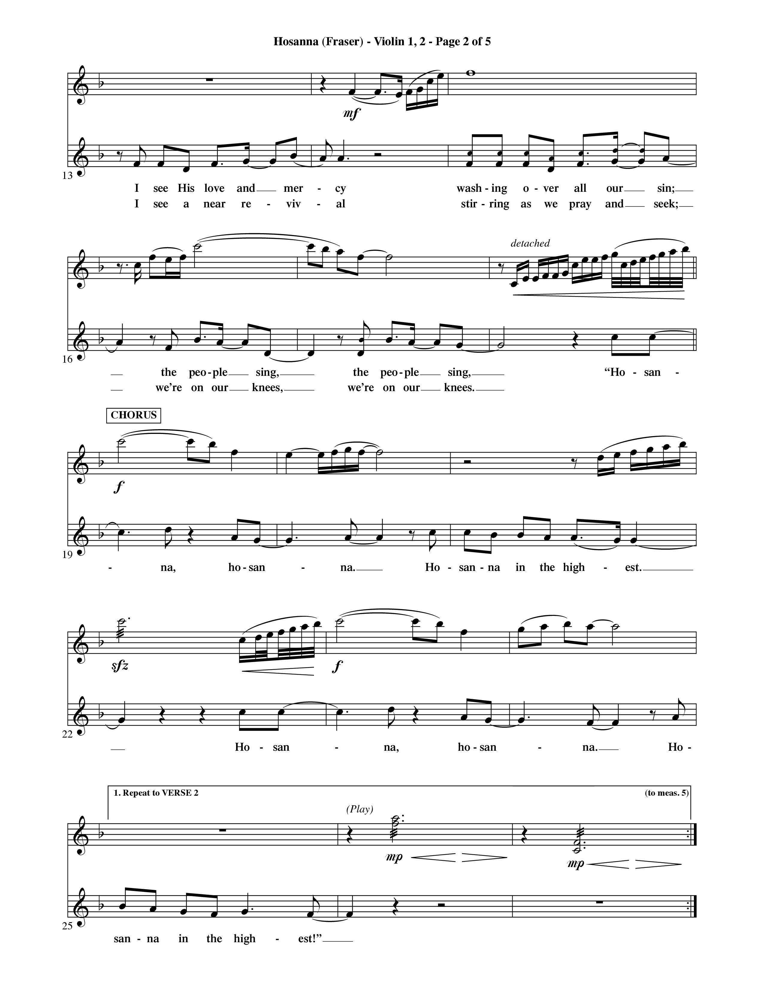 Hosanna (Choral Anthem SATB) Violin 1/2 (Word Music Choral / Orch. David Shipps)