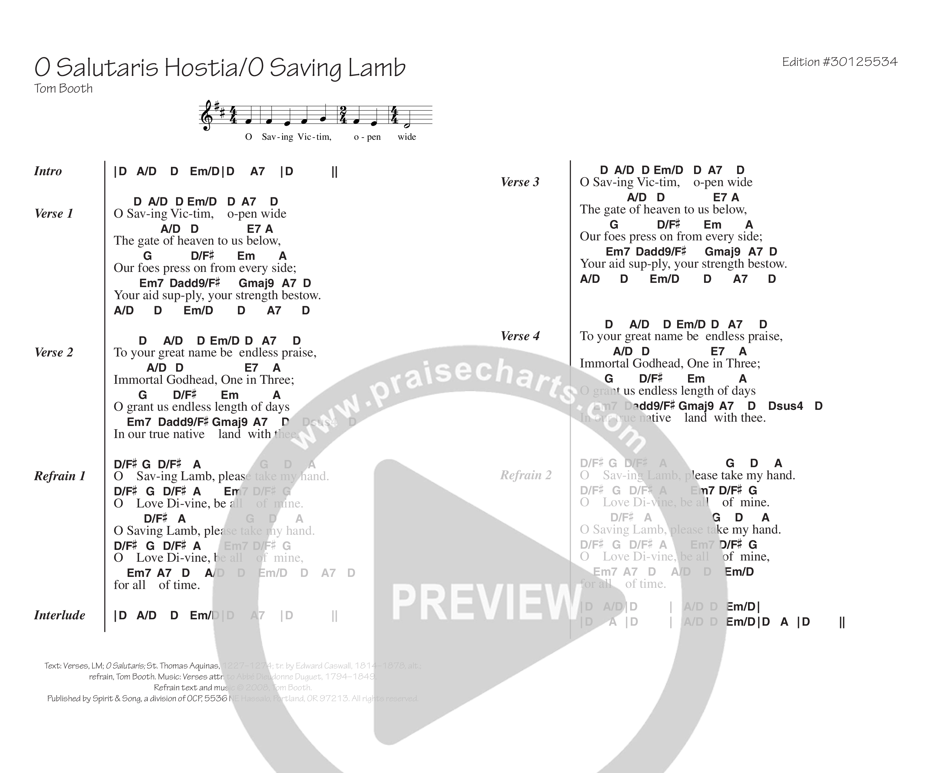 O Salutaris Hostia (O Saving Lamb) Chord Chart (Tom Booth)