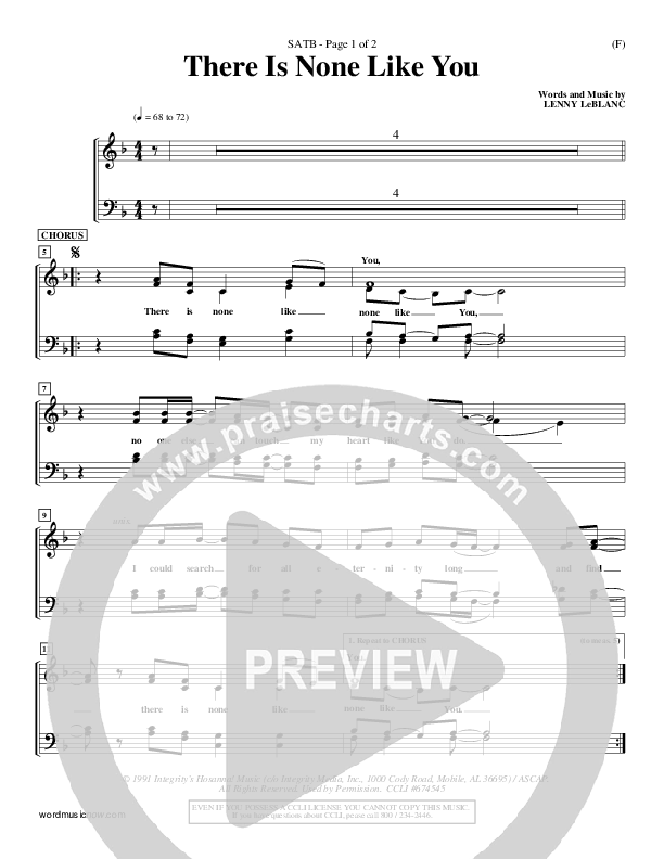 There Is None Like You Vocal Sheet (SATB) (Lenny LeBlanc)