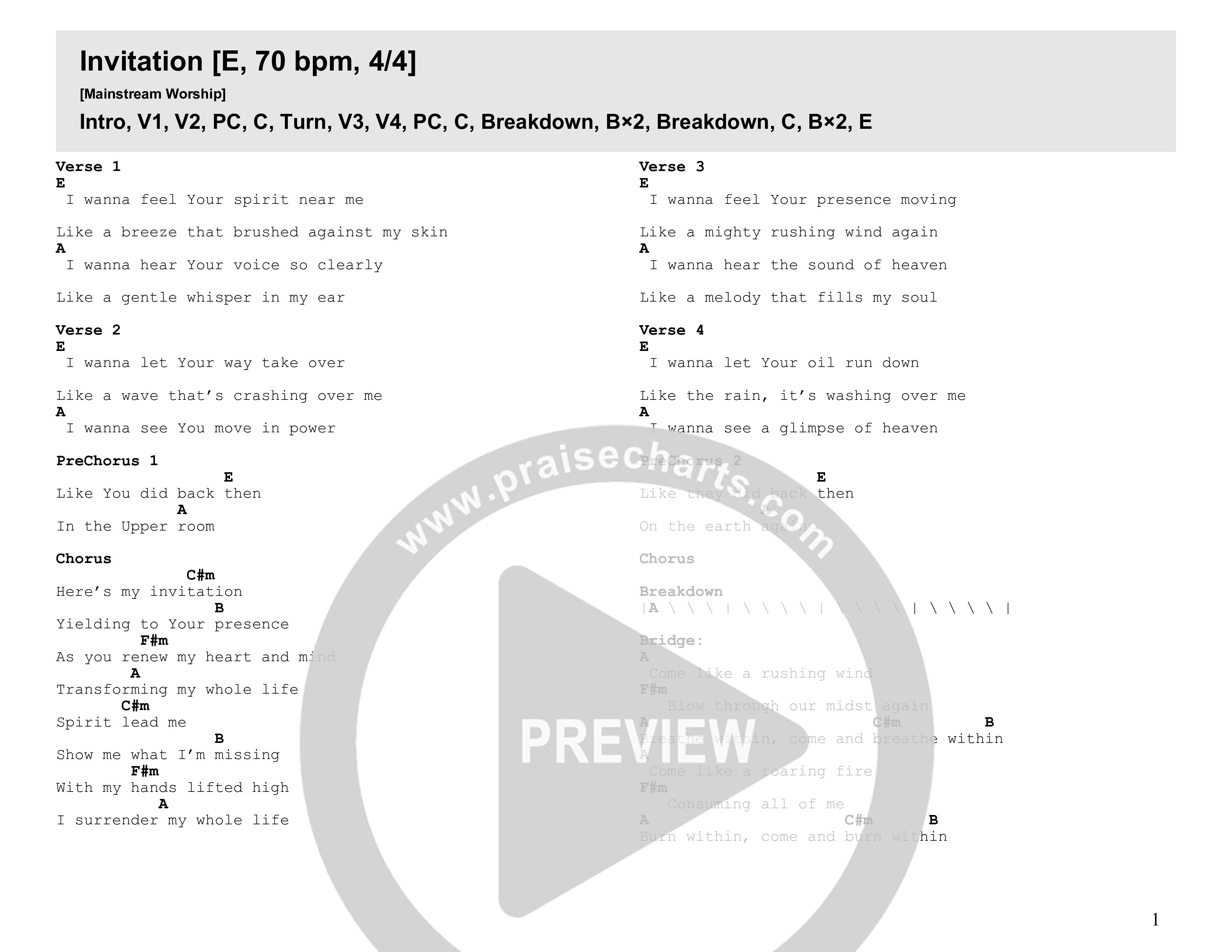 Invitation (Live) Chord Chart (Mainstream Worship)