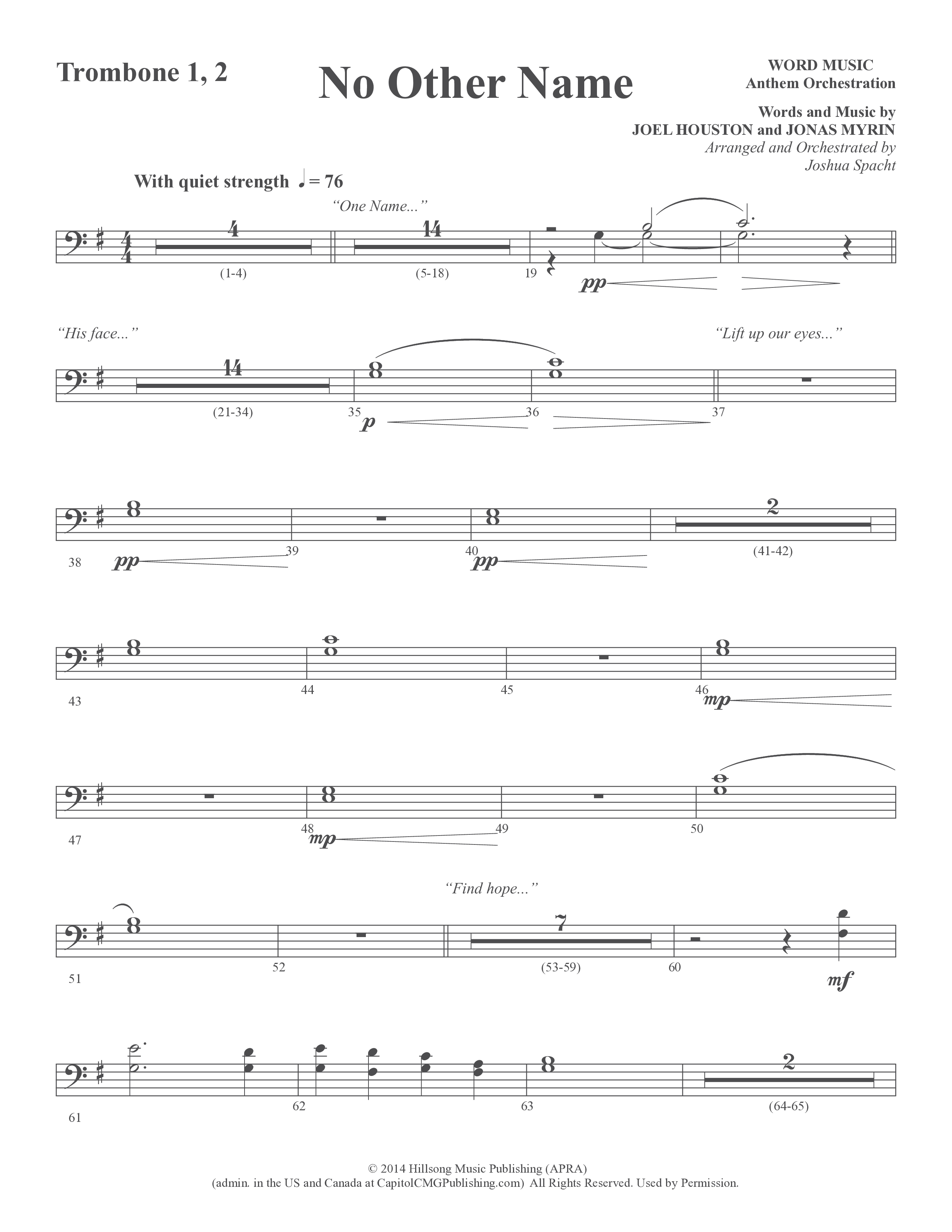 No Other Name (Choral Anthem SATB) Trombone 1/2 (Word Music Choral / Arr. Joshua Spacht)