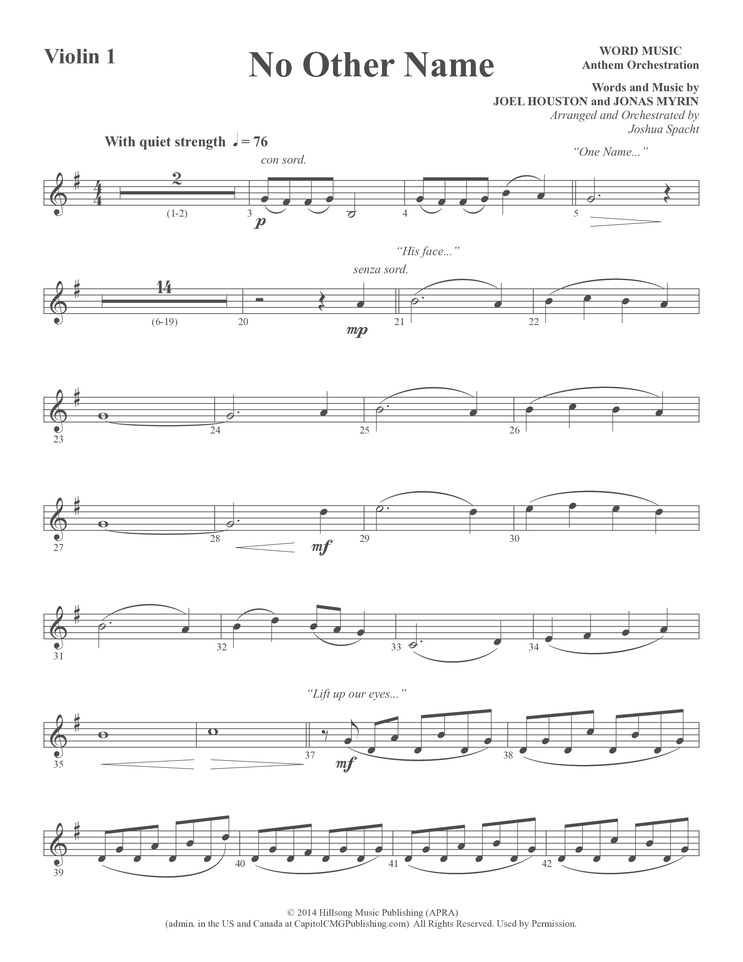 No Other Name (Choral Anthem SATB) Violin 1/2 (Word Music Choral / Arr. Joshua Spacht)