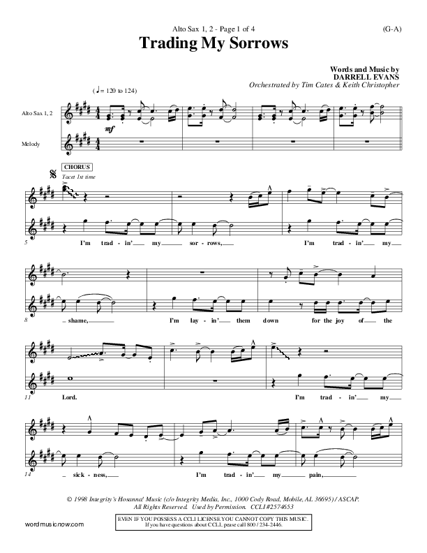 Trading My Sorrows Alto Sax 1/2 (Darrell Evans)
