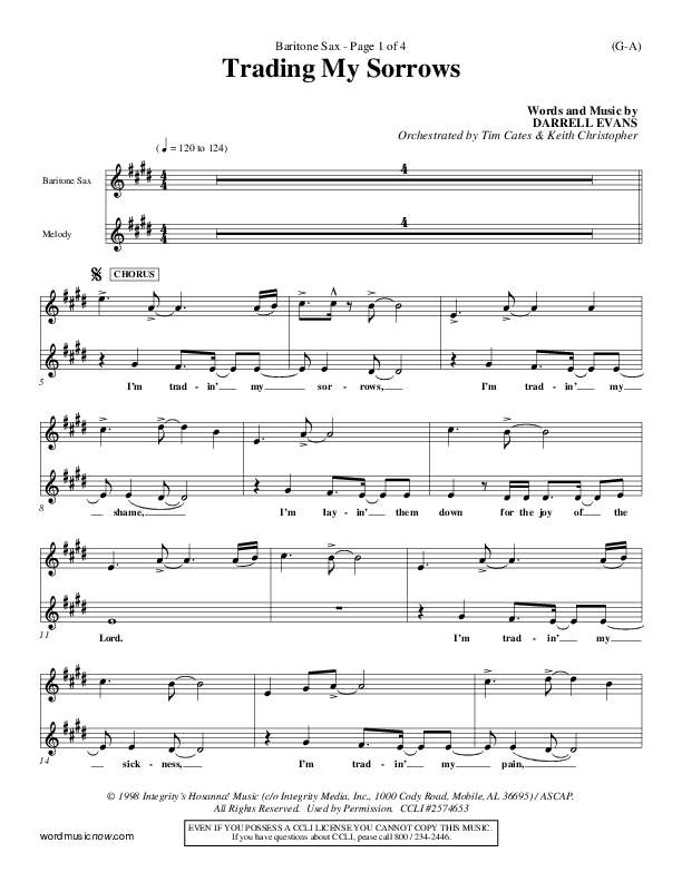 Trading My Sorrows Bari Sax (Darrell Evans)