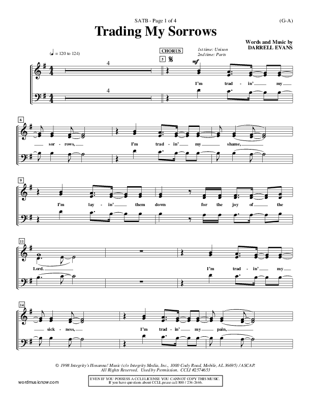 Trading My Sorrows Choir Sheet (SATB) (Darrell Evans)