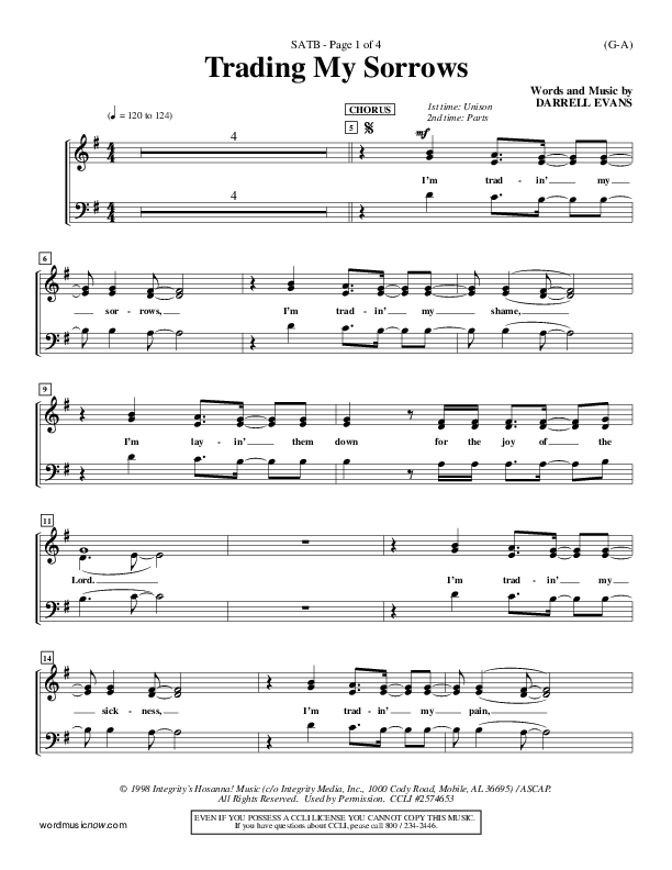 Trading My Sorrows Choir Vocals (SATB) (Darrell Evans)
