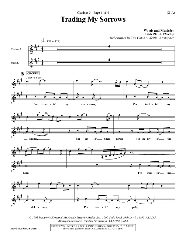 Trading My Sorrows Clarinet 3 (Darrell Evans)