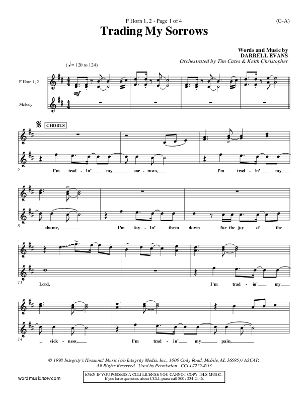 Trading My Sorrows French Horn 1/2 (Darrell Evans)