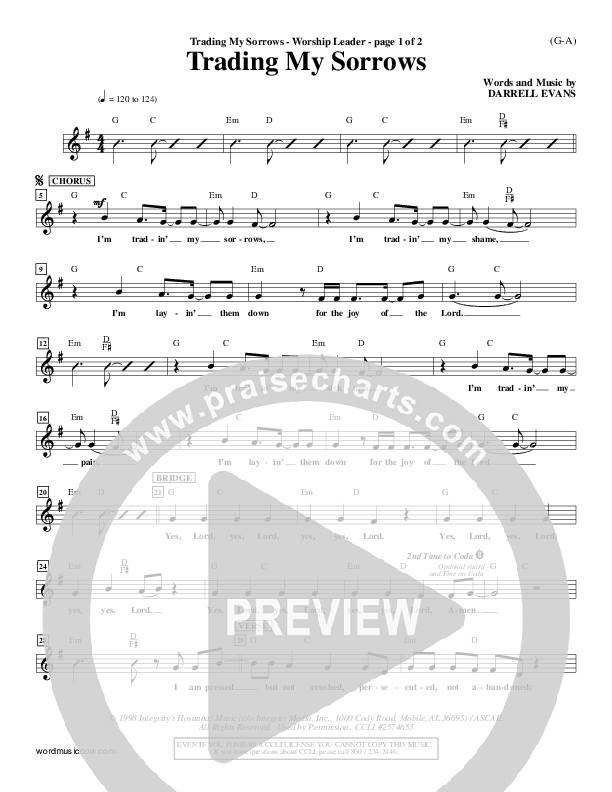 Trading My Sorrows Lead Sheet (Darrell Evans)