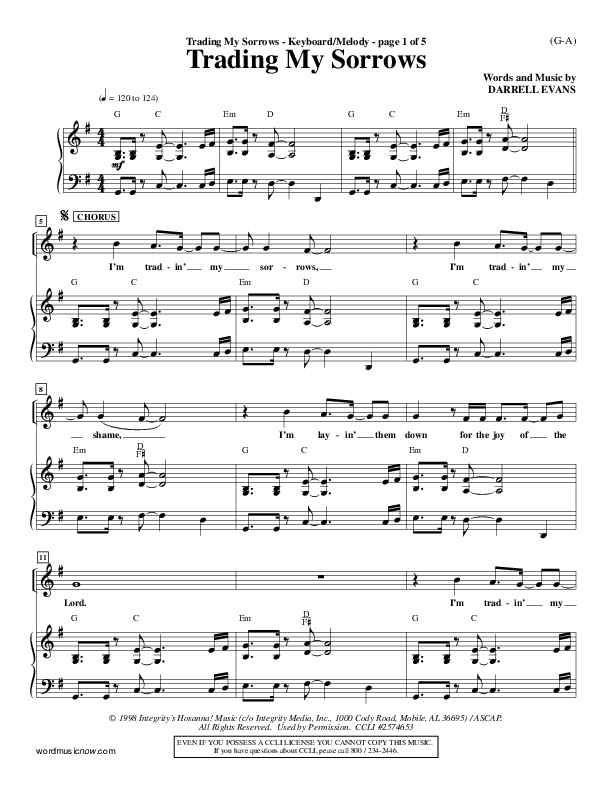 Trading My Sorrows Piano/Vocal (Darrell Evans)