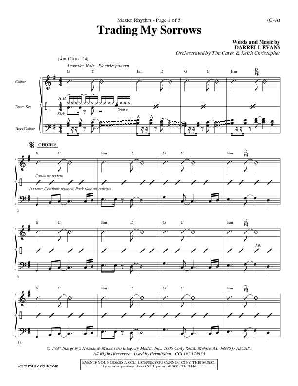 Trading My Sorrows Rhythm Chart (Darrell Evans)