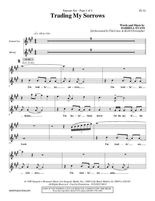 Trading My Sorrows Soprano Sax (Darrell Evans)