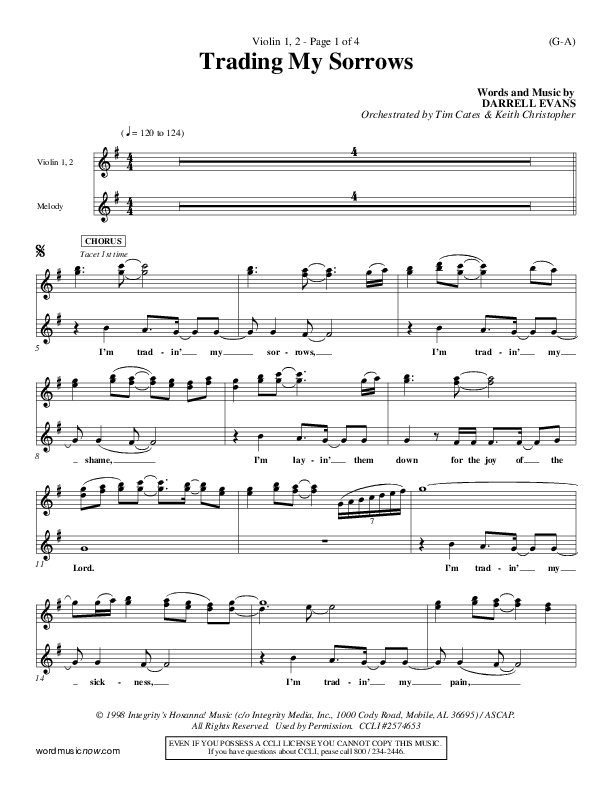 Trading My Sorrows Violin 1/2 (Darrell Evans)