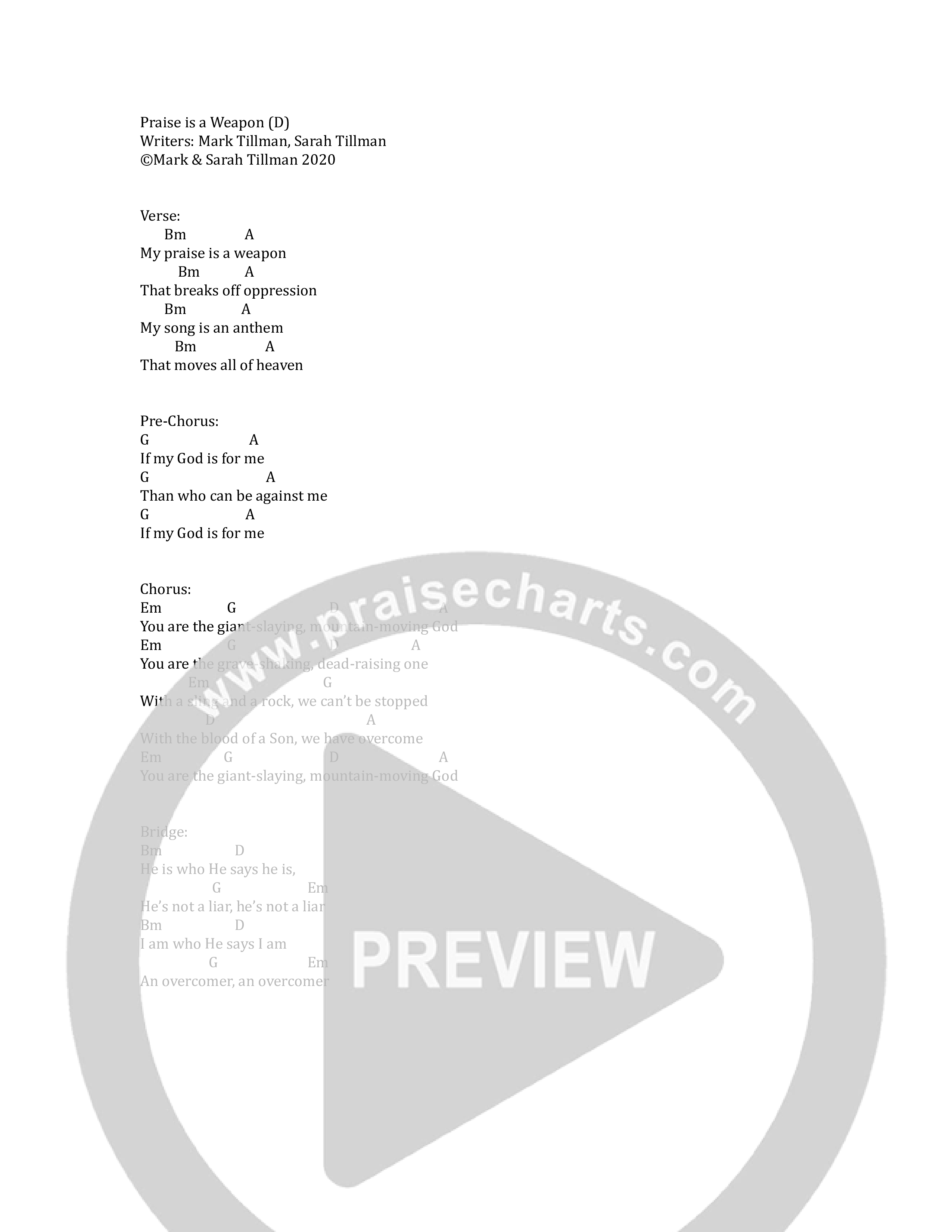 Praise Is A Weapon Chord Chart (Mark & Sarah Tillman)